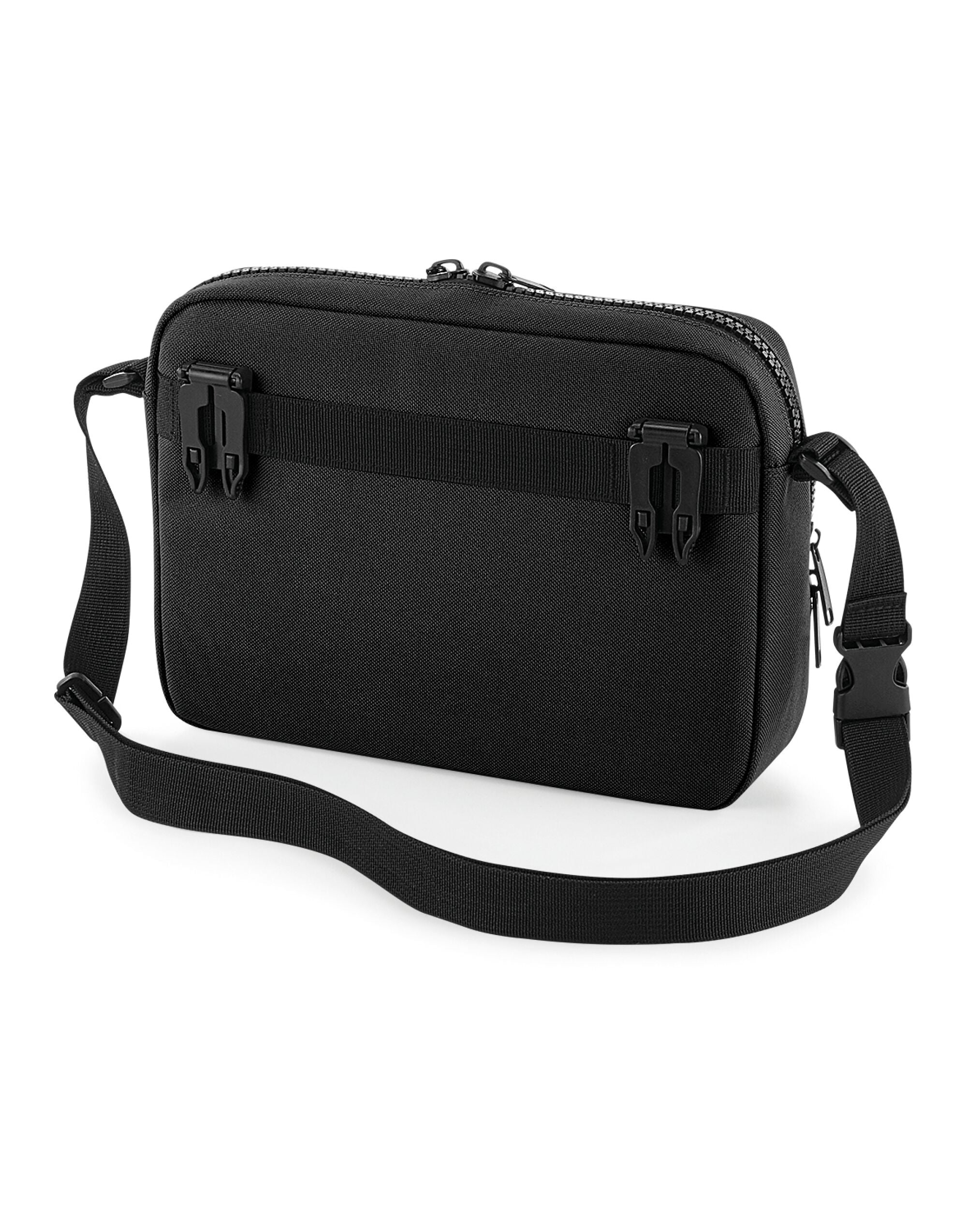 The black travel case with gold zip detail.