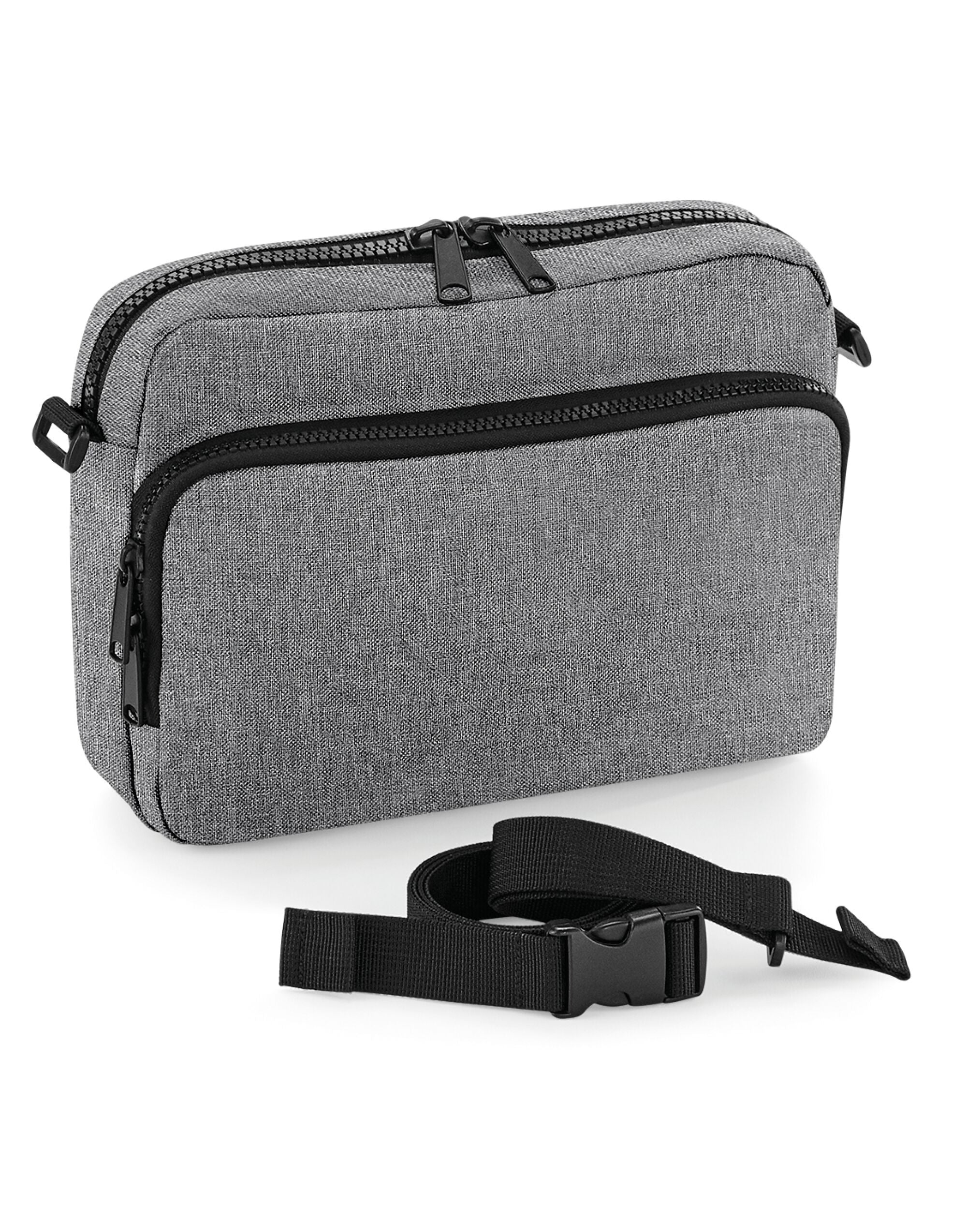 Angled view of the oyster-colored clear window travel case.
