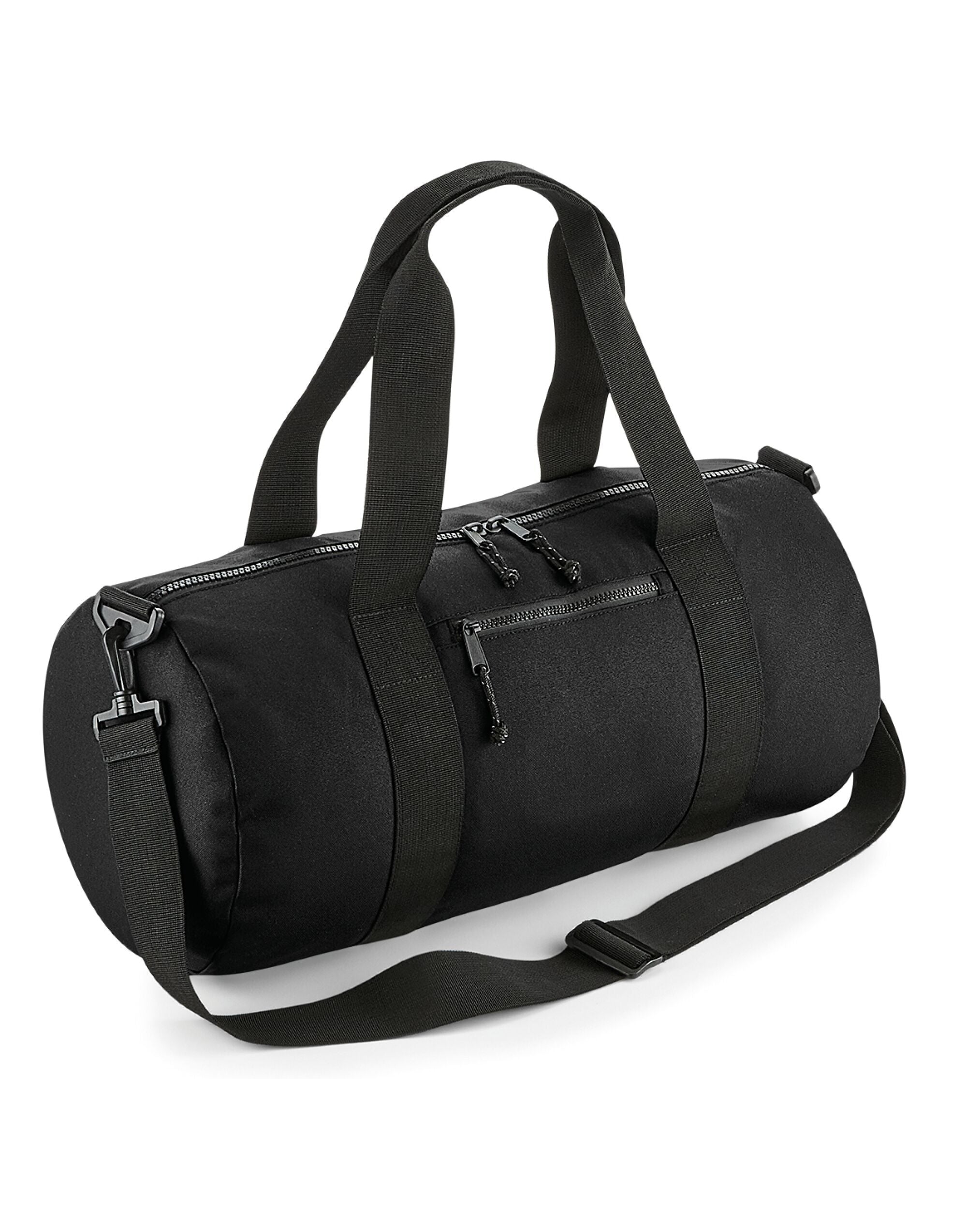 Bolso cilíndrico reciclado Bagbase en negro - Vista frontal.