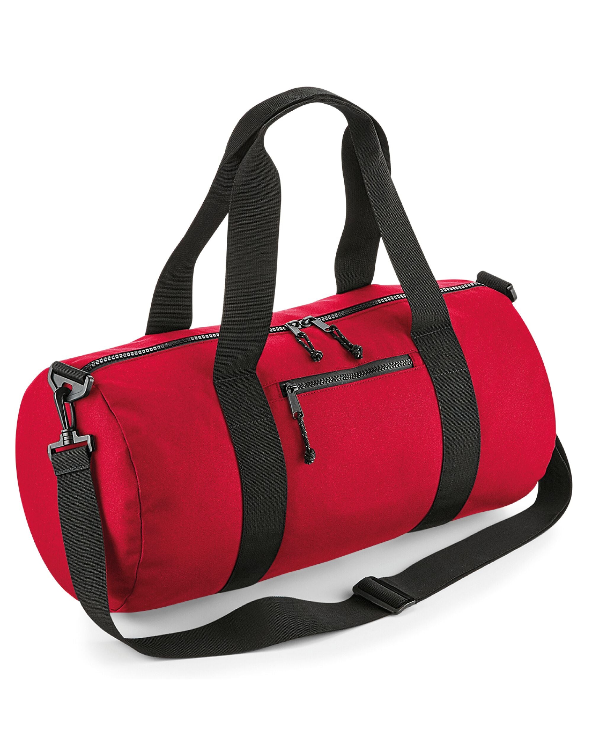 Bolso cilíndrico reciclado Bagbase en negro siendo llevado por el asa.