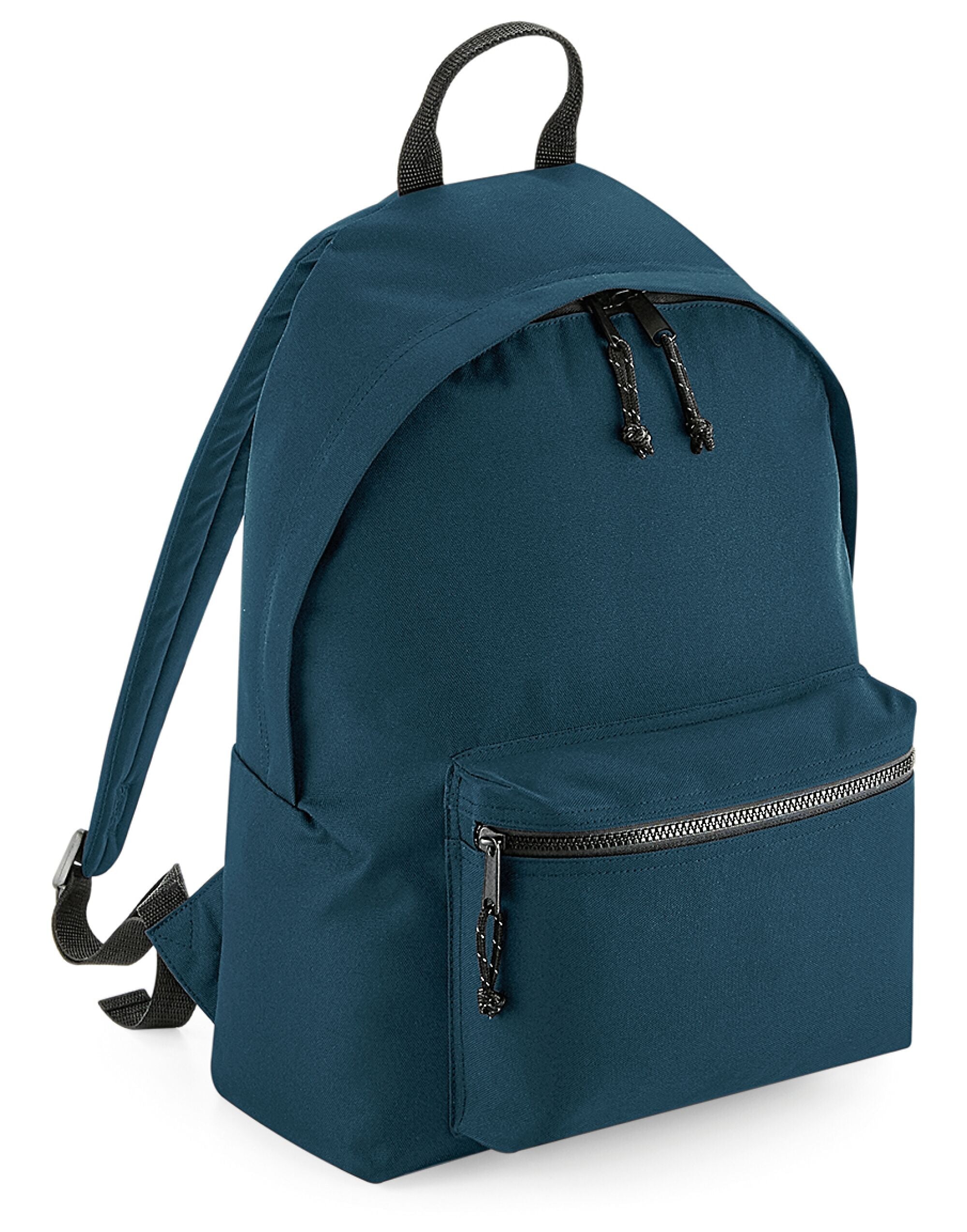 Angled shot of the Bagbase recycled backpack, highlighting the texture of the recycled material and side profile.