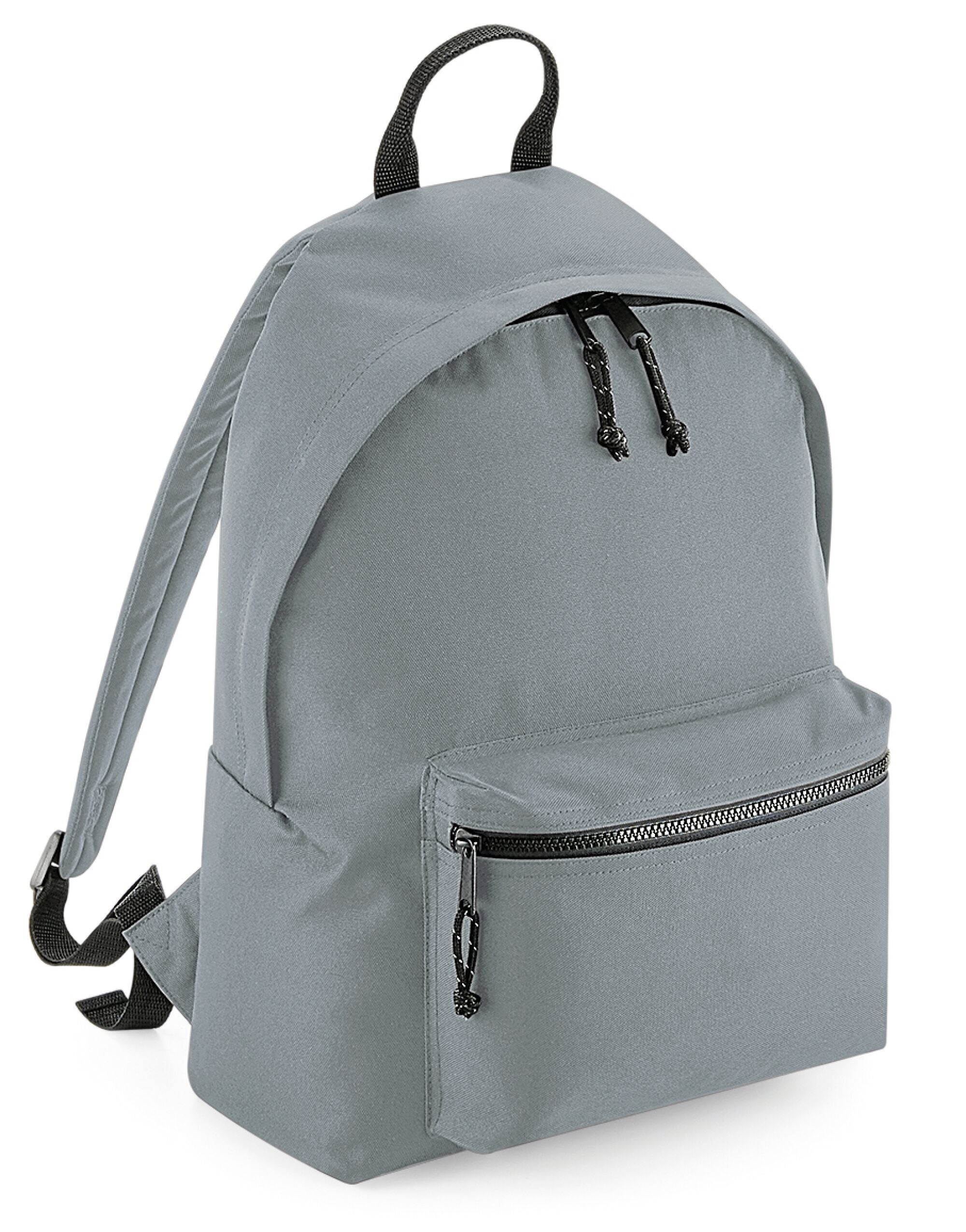 Close-up of the Bagbase recycled backpack’s top handle and durable zipper pulls, emphasizing its sturdy construction.