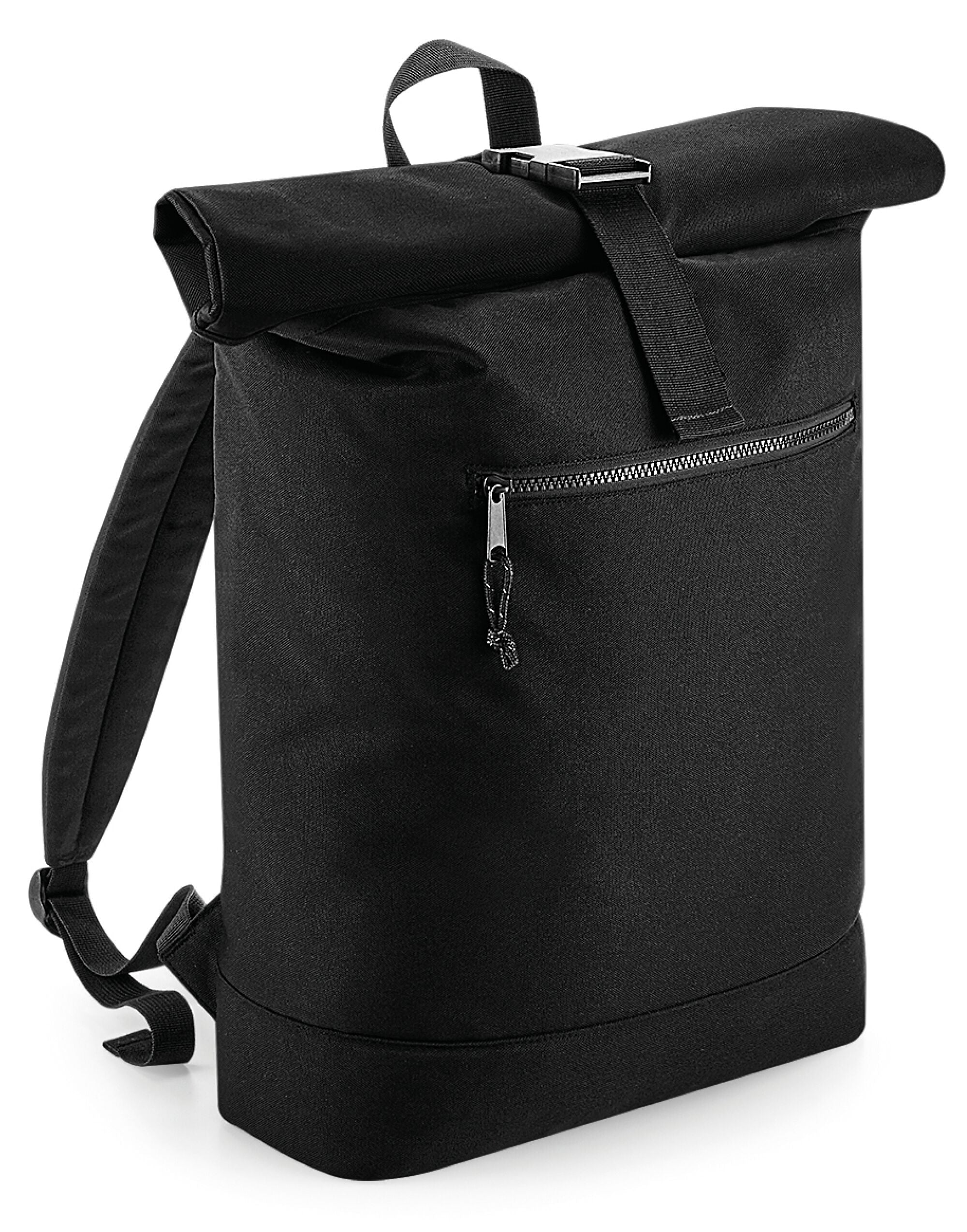 Bagbase recycled roll-top backpack with a secure buckle closure, presented from the front to show its full height.