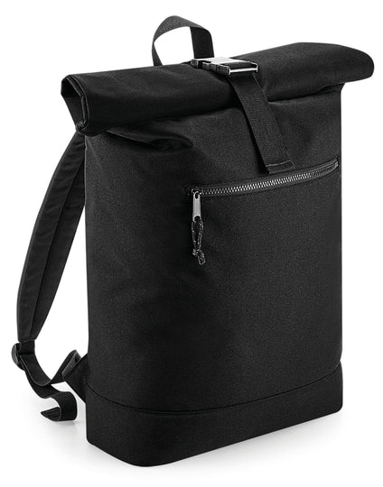 Bagbase recycled roll-top backpack with a secure buckle closure, presented from the front to show its full height.