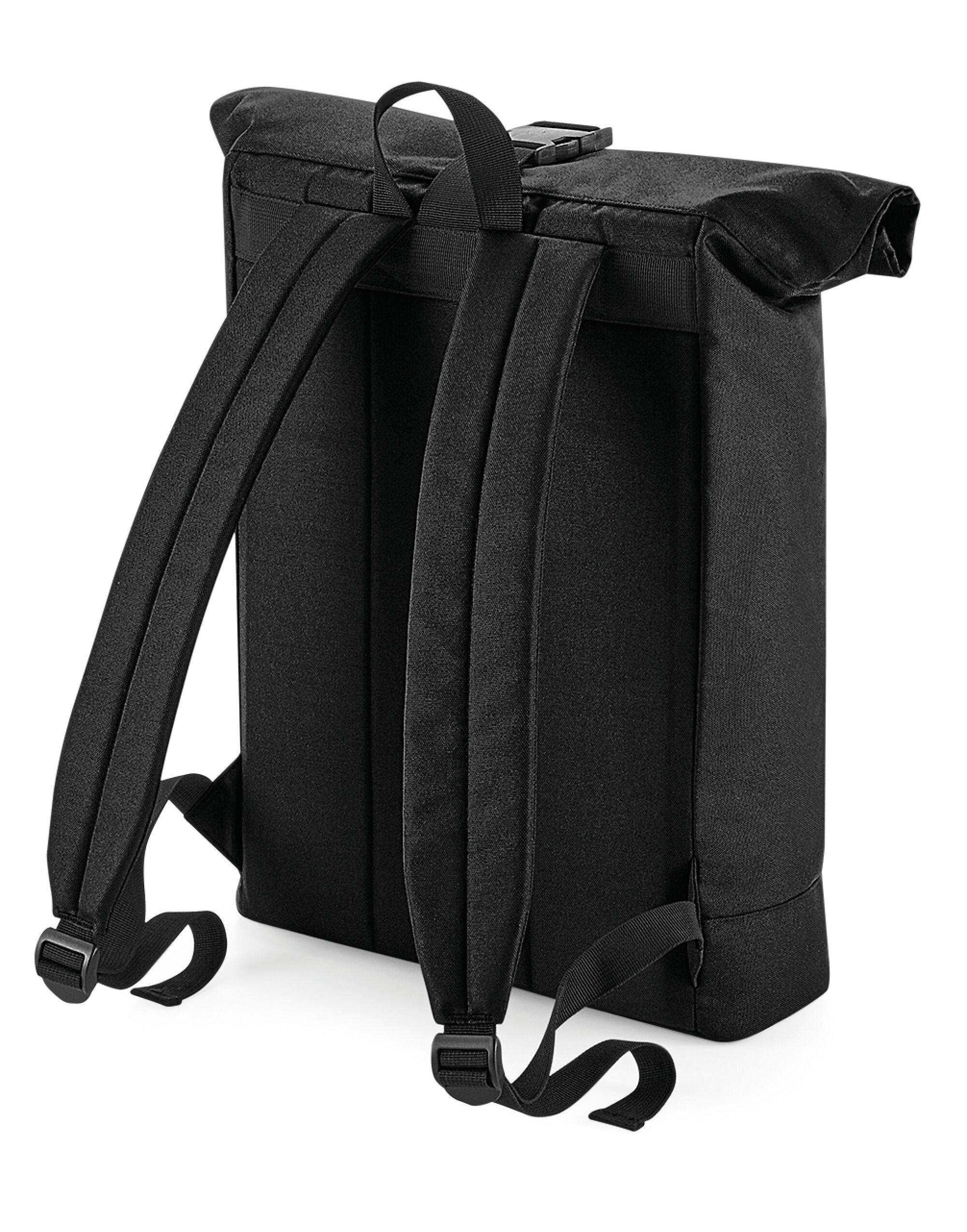Back view of the eco-friendly Bagbase recycled roll-top backpack, highlighting the padded adjustable shoulder straps.
