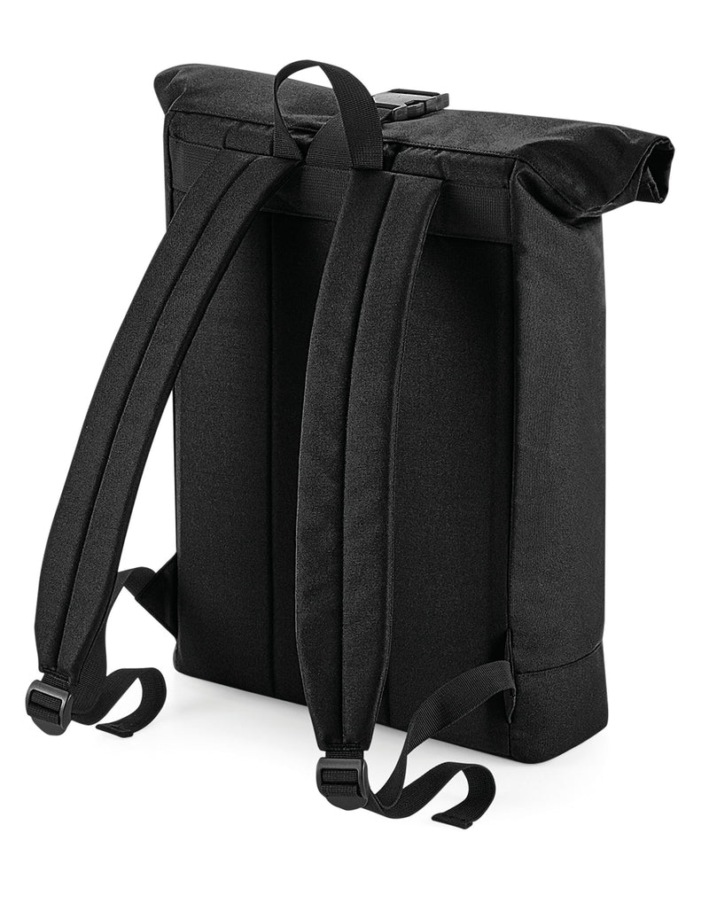 Back view of the eco-friendly Bagbase recycled roll-top backpack, highlighting the padded adjustable shoulder straps.