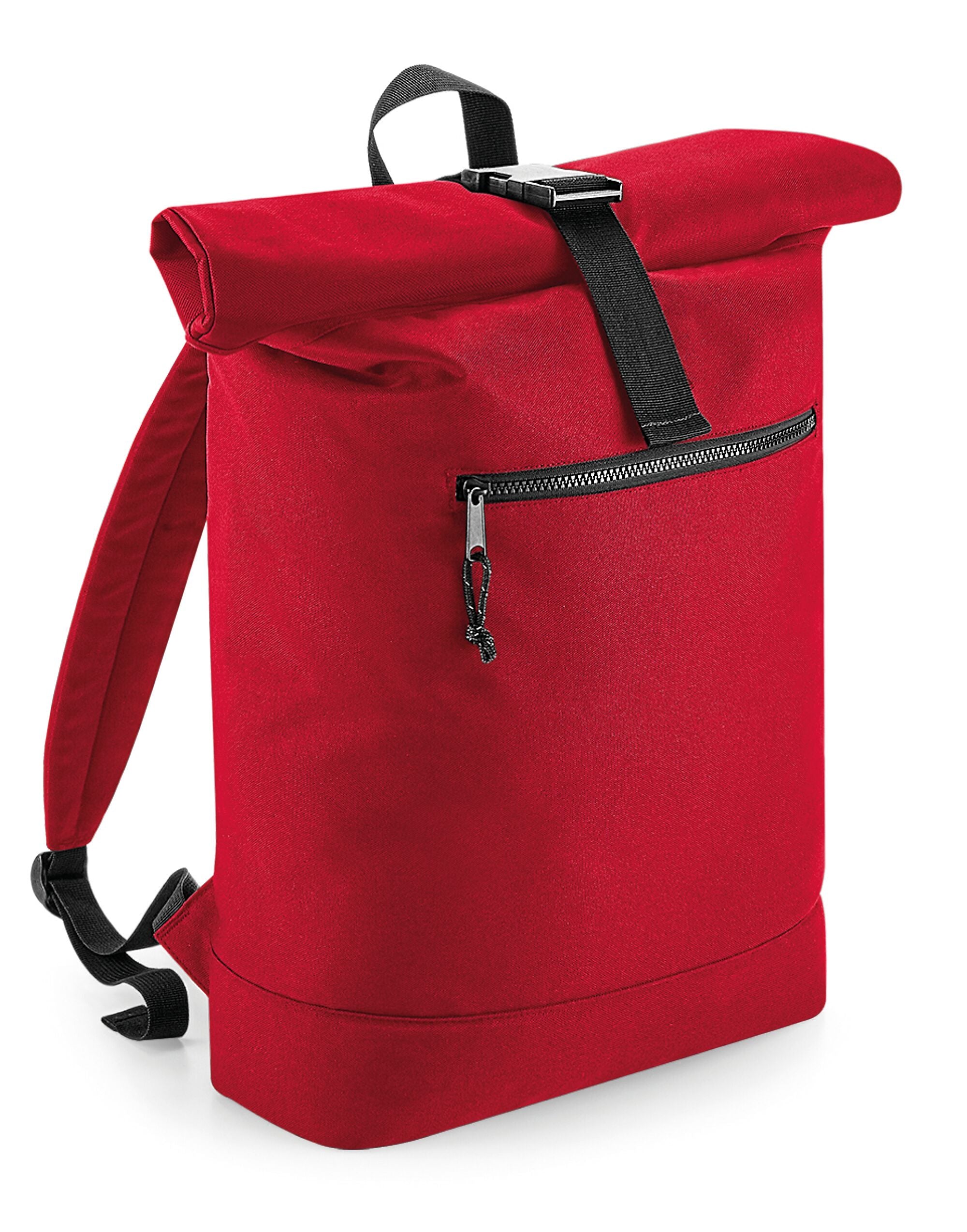 A close-up on the roll-top closure mechanism of the Bagbase backpack, demonstrating its weather-resistant feature.