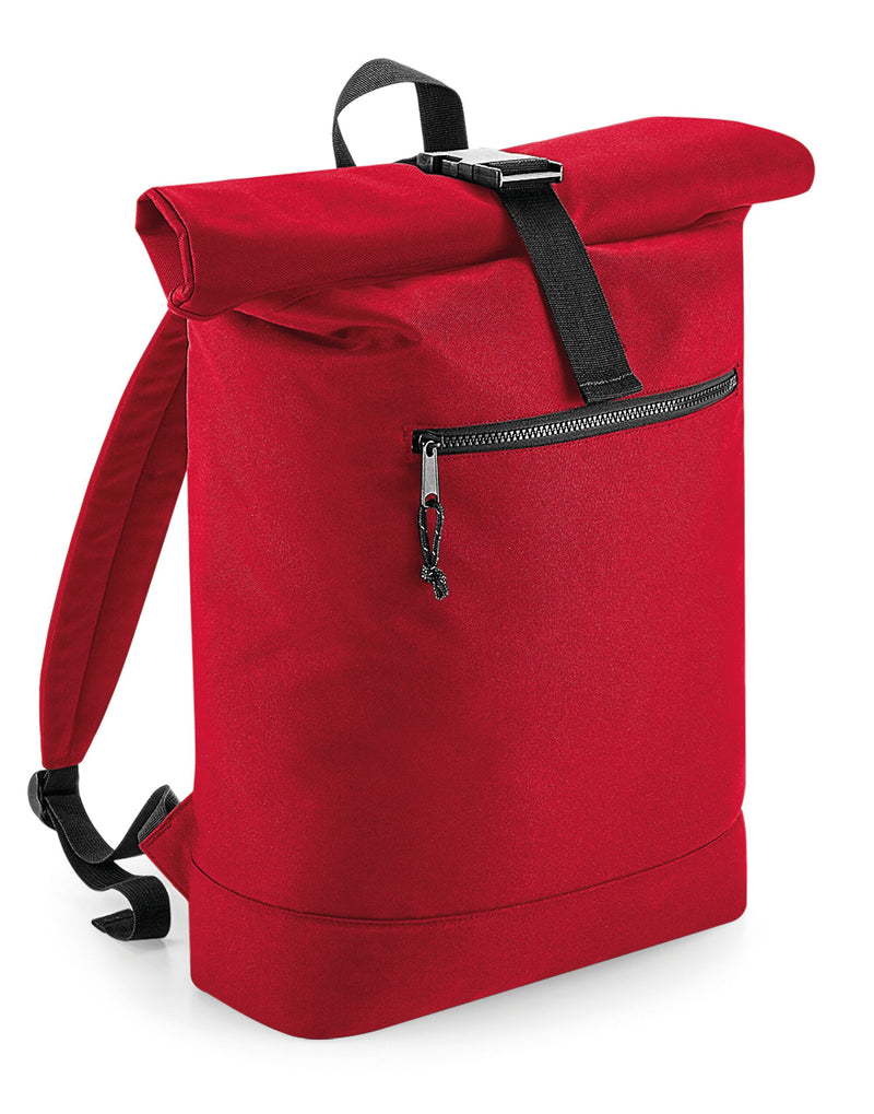 A close-up on the roll-top closure mechanism of the Bagbase backpack, demonstrating its weather-resistant feature.