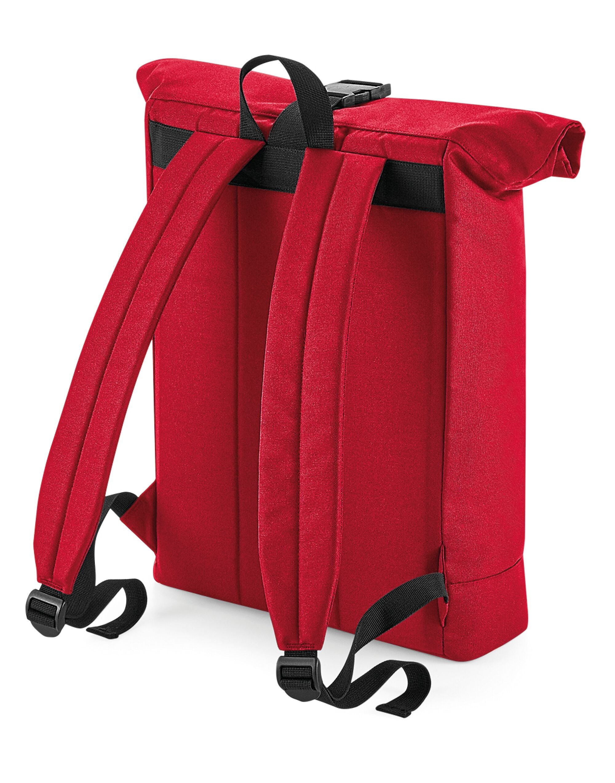 The Bagbase recycled roll-top backpack with its top unrolled, revealing the spacious main compartment opening.