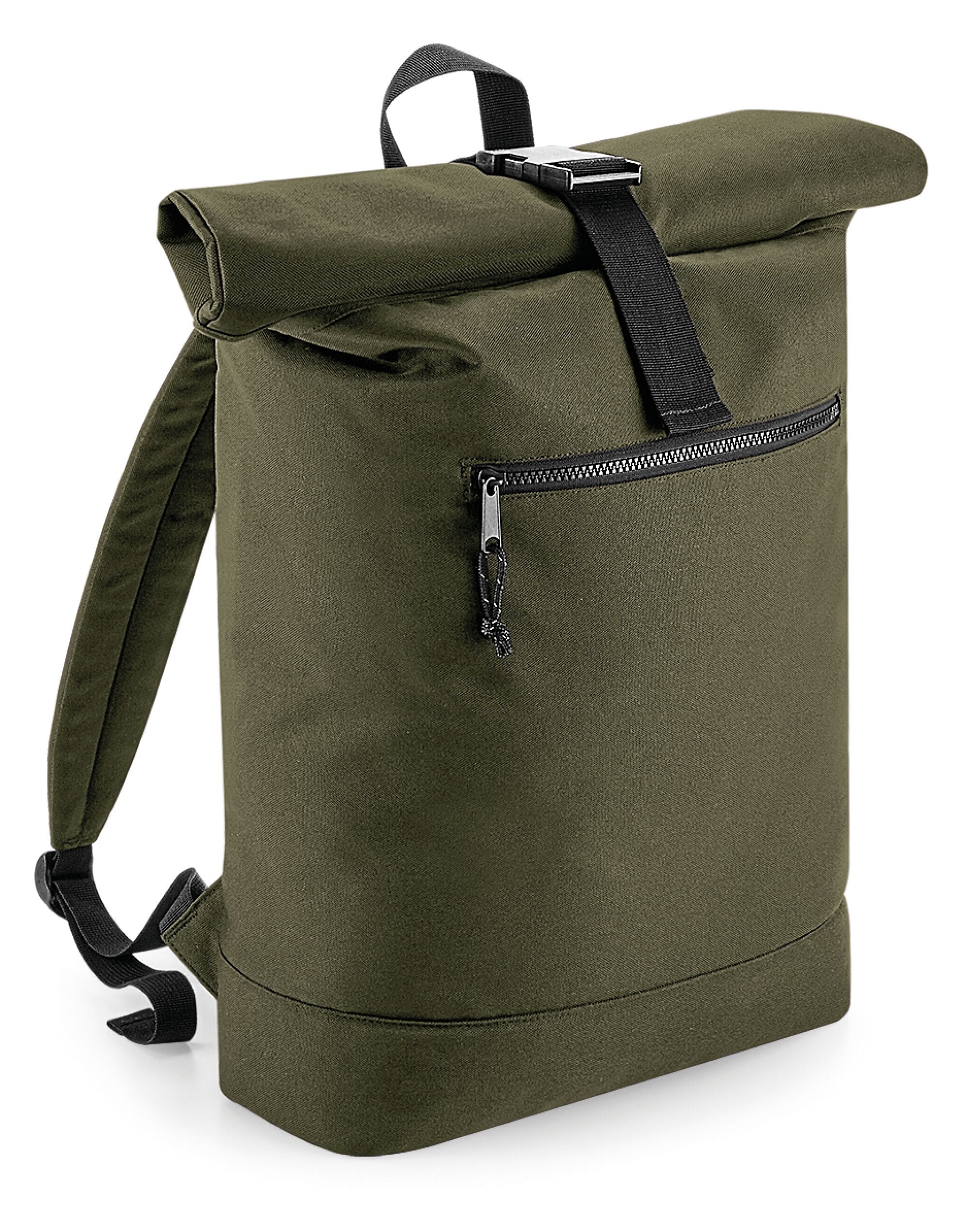 Lifestyle view of the Bagbase recycled roll-top backpack, showing its scale and modern, urban aesthetic.