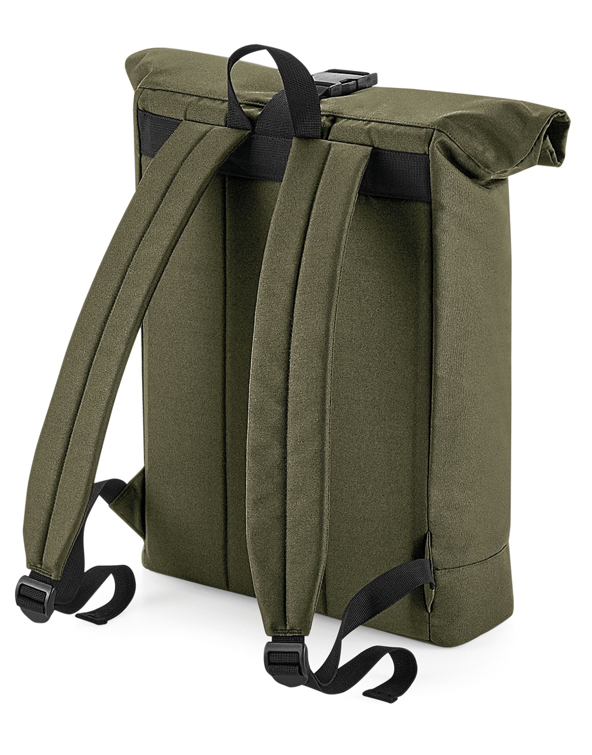 Detailed shot of the 100% recycled polyester fabric used in the Bagbase roll-top backpack.