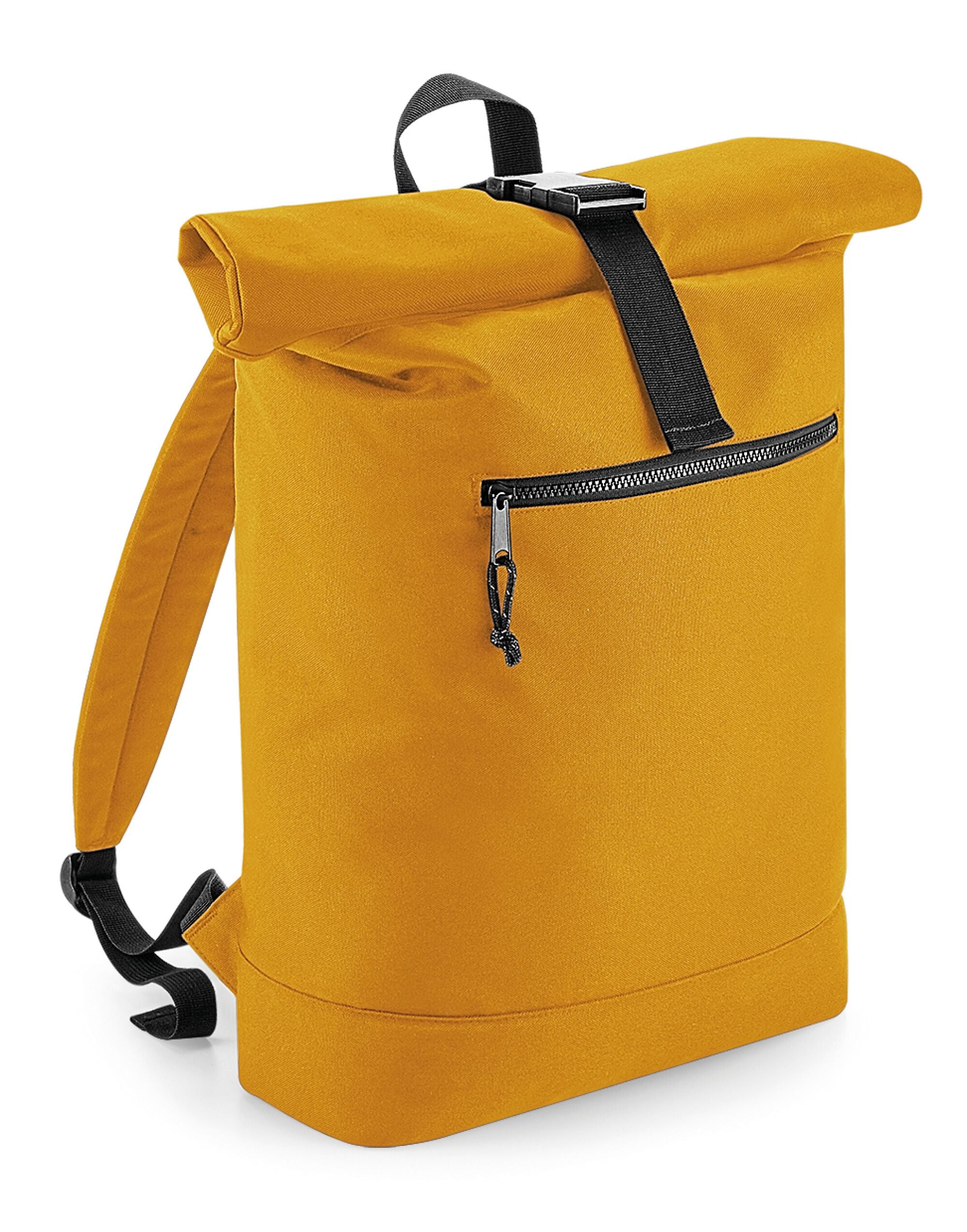 Top view of the Bagbase recycled roll-top backpack, emphasizing its secure and compact design when closed.