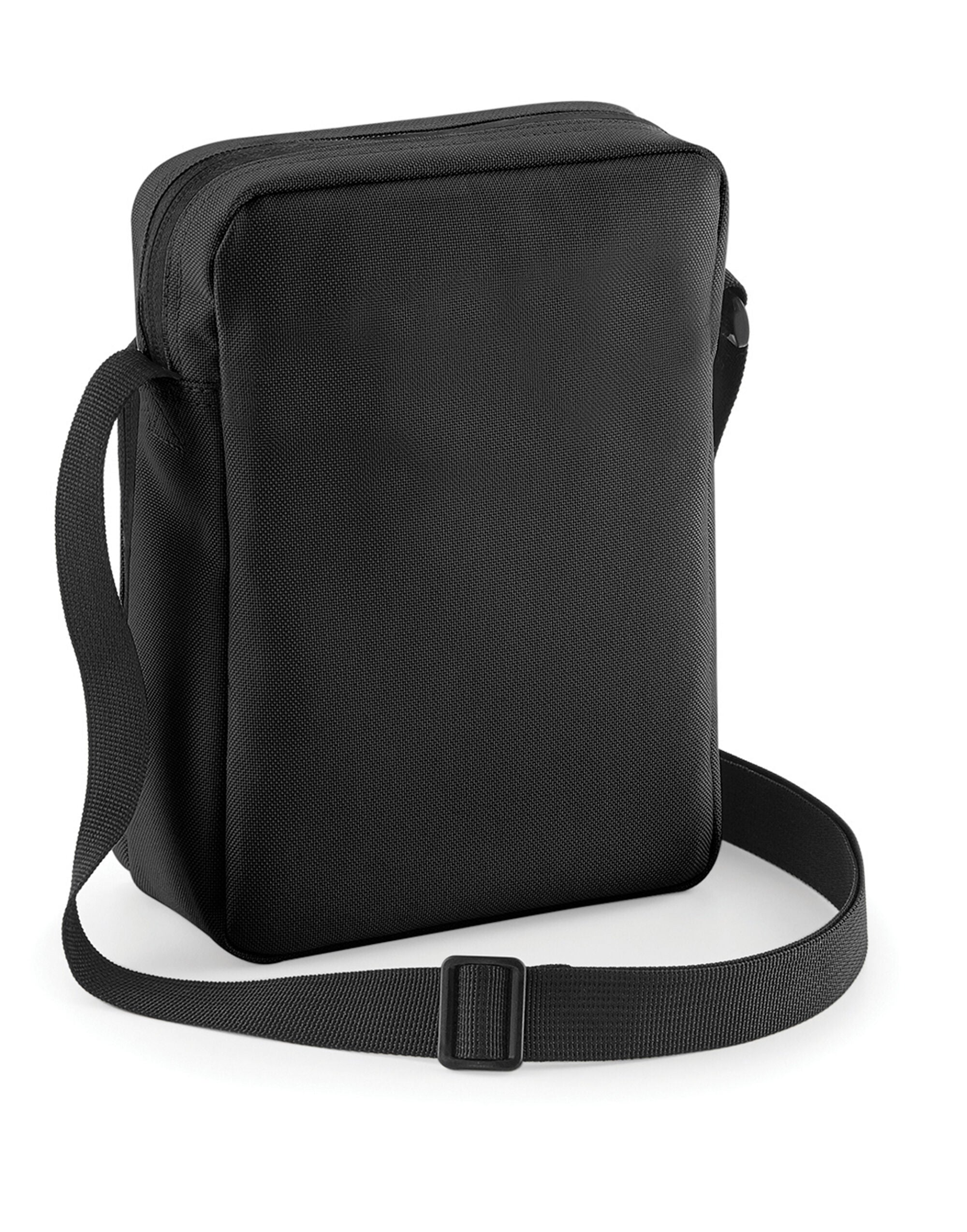 French black across-body bag with main zip compartment.