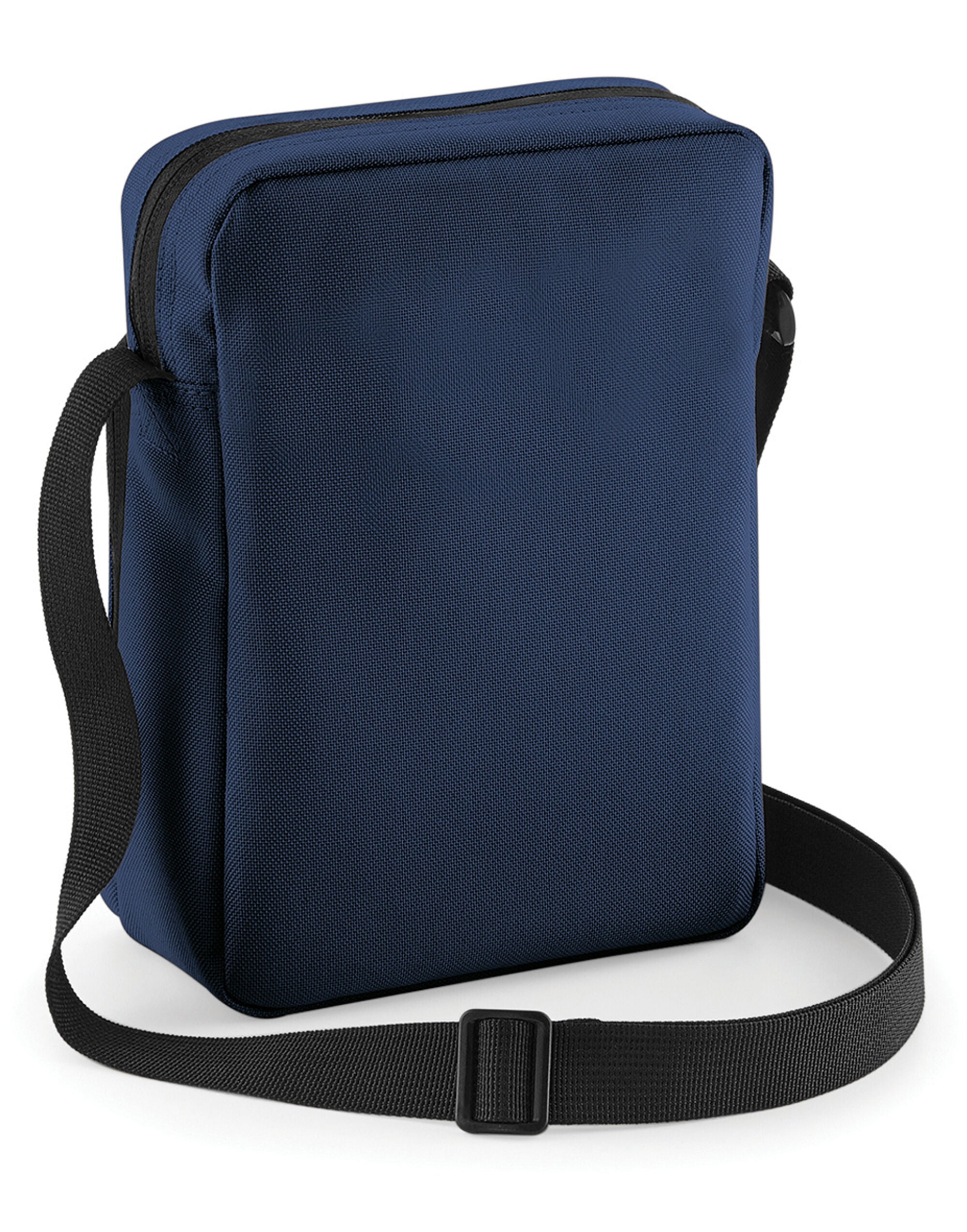 Side view of the navy blue across-body bag.
