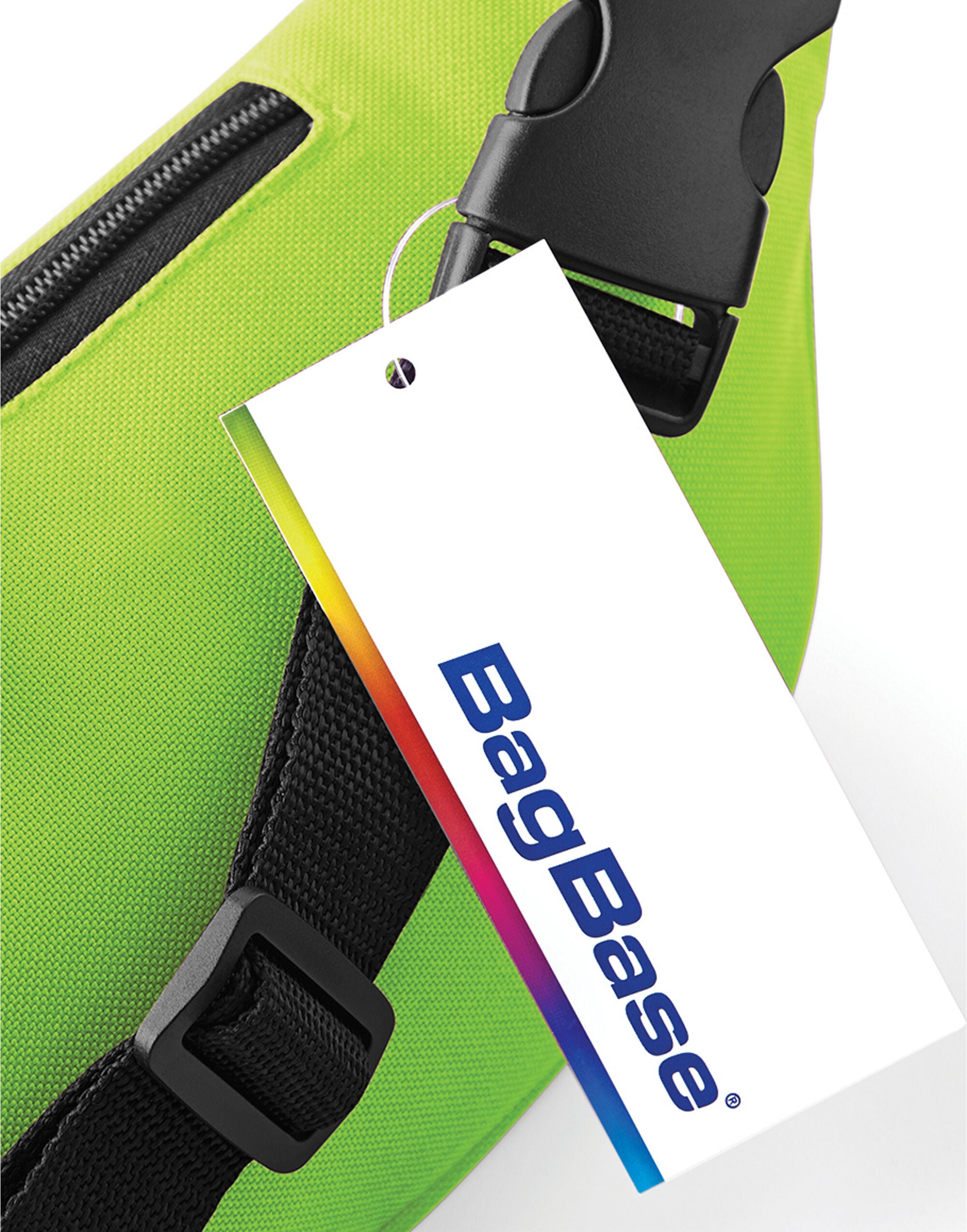 Front view of the Bagbase Belt Bag in a solid black color, featuring a main zippered compartment and adjustable waist strap.