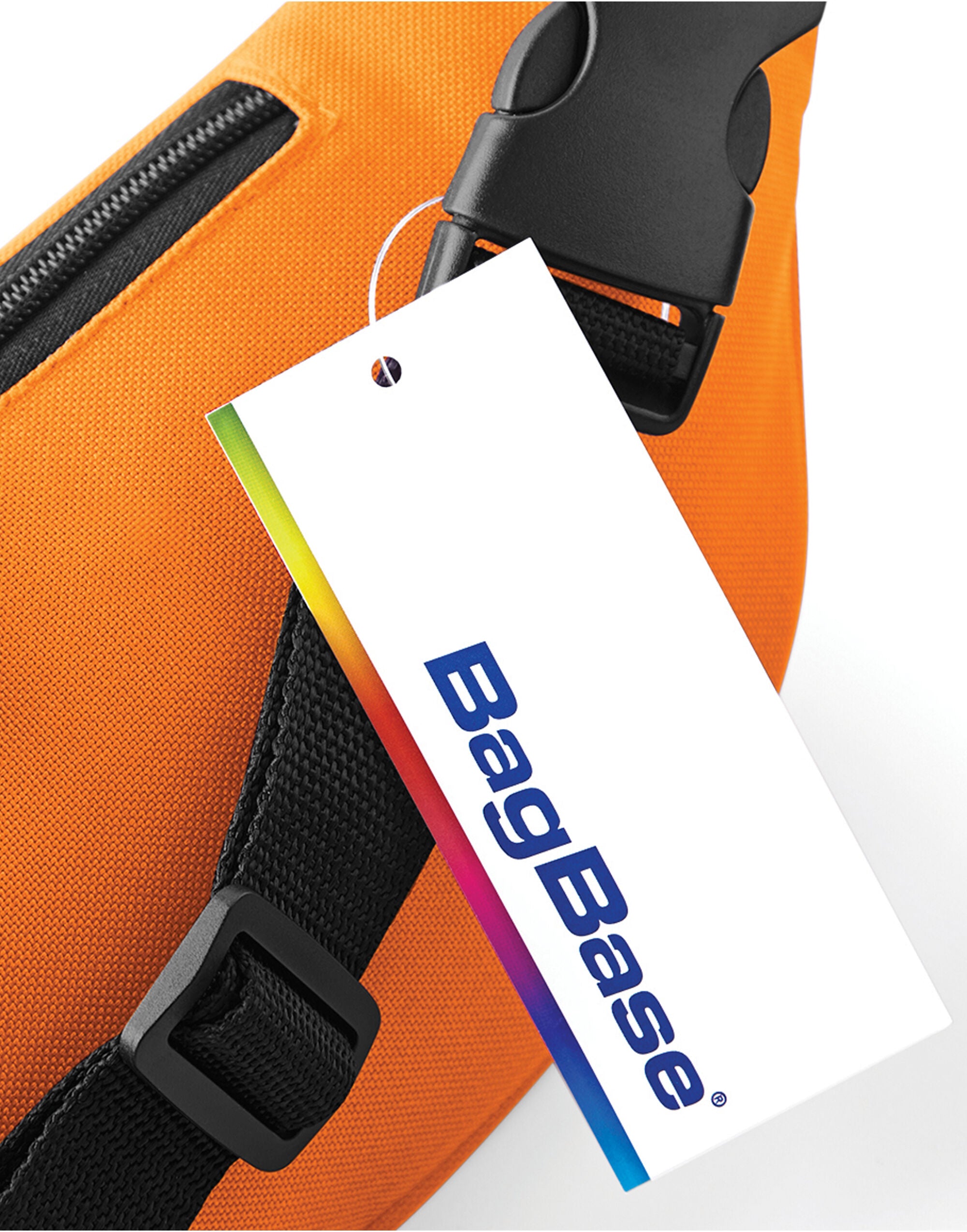 A stylish white Bagbase Belt Bag, perfect for travel, shown with its main zippered pouch and adjustable strap visible.