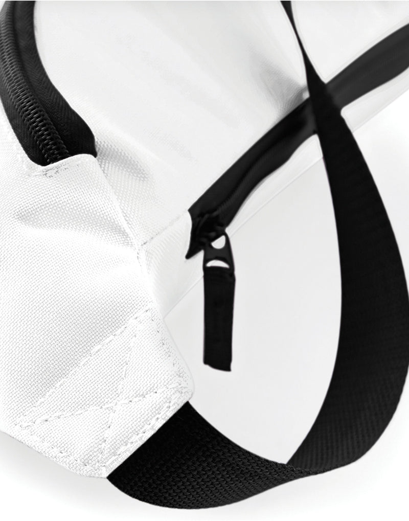 Full view of the light grey Bagbase Belt Bag, showcasing its minimalist design and polyester material.