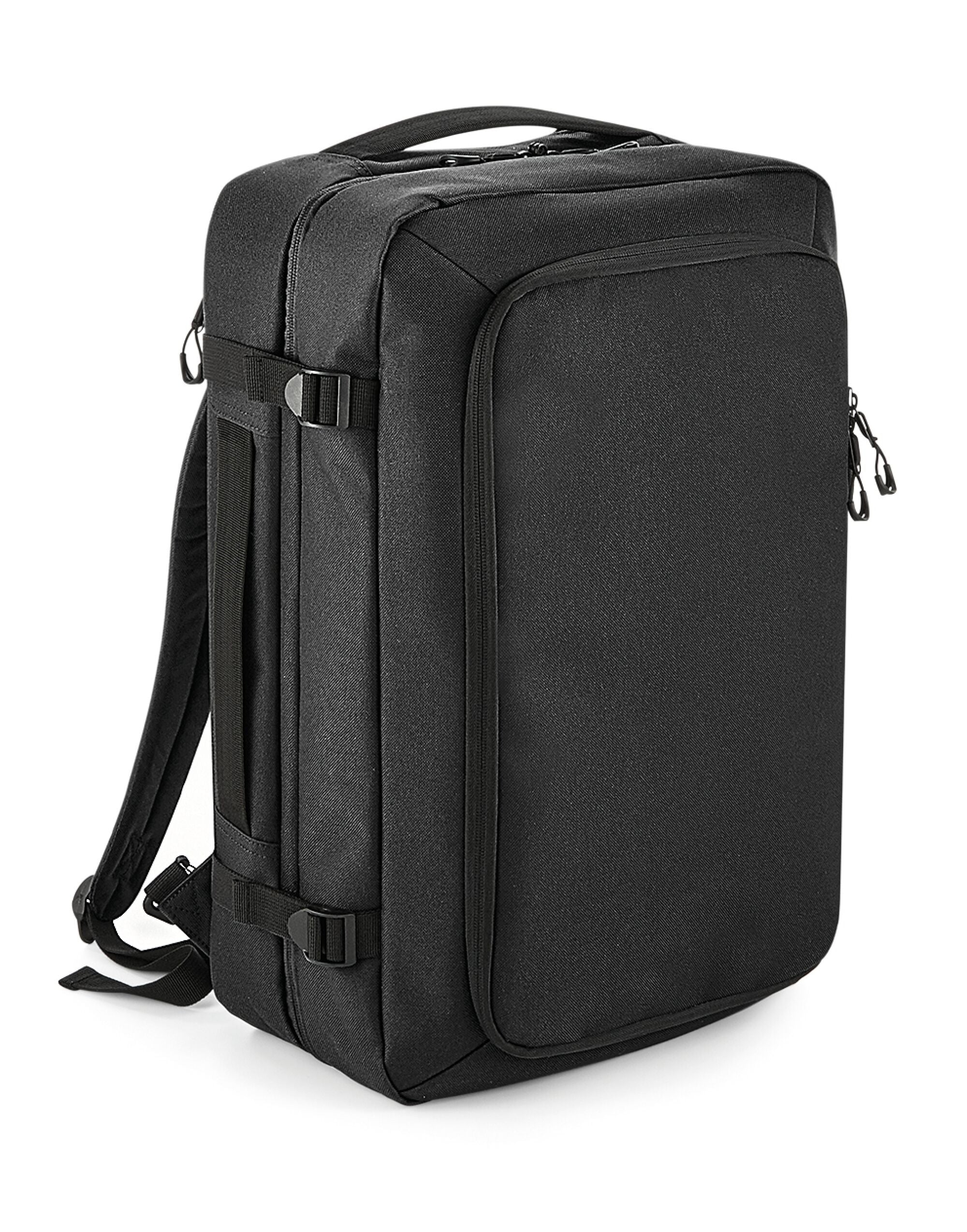 Front view of the Bagbase Escape Carry-On Backpack in black, designed for travel with multiple compartments.