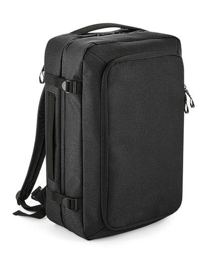 Front view of the Bagbase Escape Carry-On Backpack in black, designed for travel with multiple compartments.