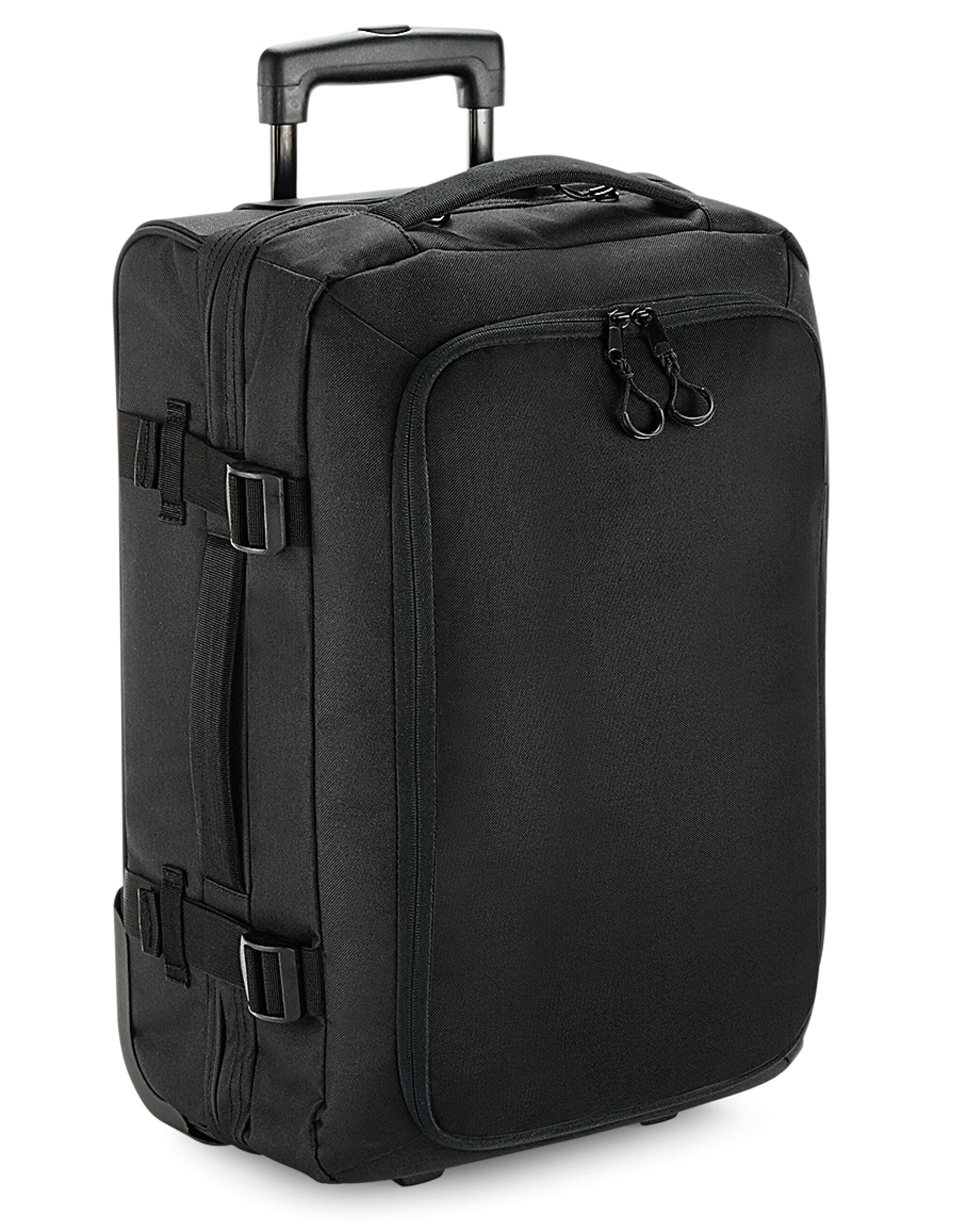 Front view of the Bagbase Escape Carry-On Wheelie bag in black, with a retractable trolley handle.