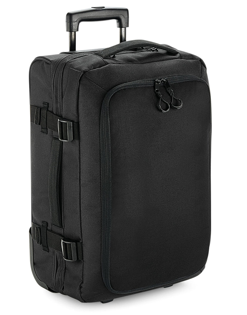 Front view of the Bagbase Escape Carry-On Wheelie bag in black, with a retractable trolley handle.