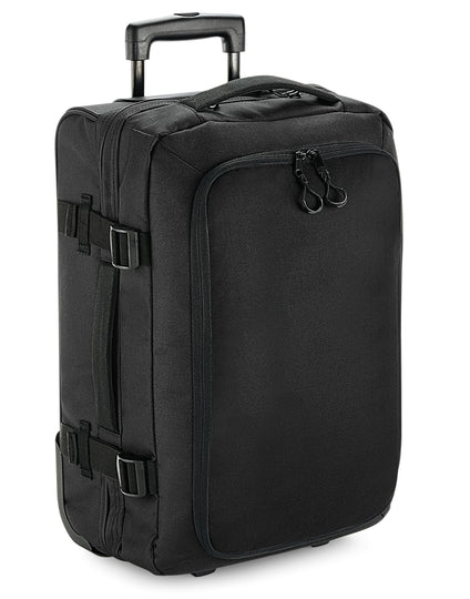 Front view of the Bagbase Escape Carry-On Wheelie bag in black, with a retractable trolley handle.