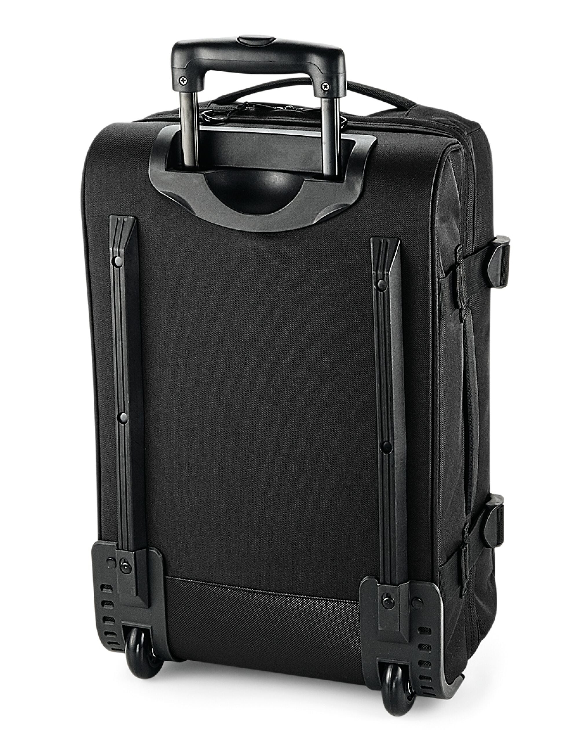 Side profile of the Bagbase Escape Carry-On Wheelie, showing the padded carry handle and zippered compartments.