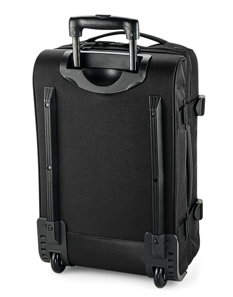 Side profile of the Bagbase Escape Carry-On Wheelie, showing the padded carry handle and zippered compartments.