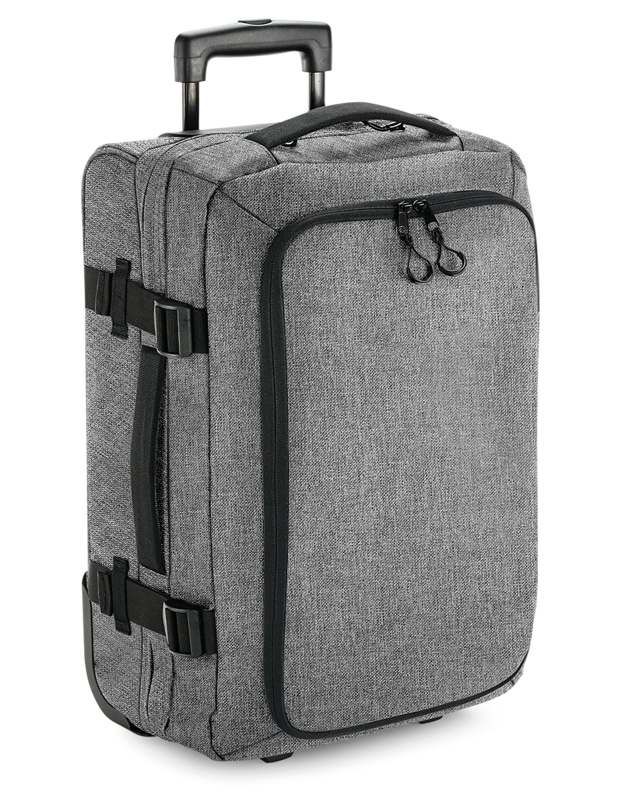 Close-up of the heavy-duty zippers and compression straps on the Bagbase Escape Carry-On Wheelie.