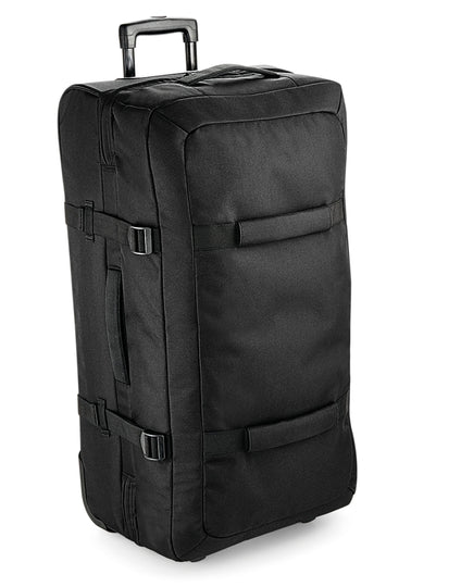 Front view of the large Bagbase Escape Check-In Wheelie bag in black, featuring a robust, multi-stage trolley handle.