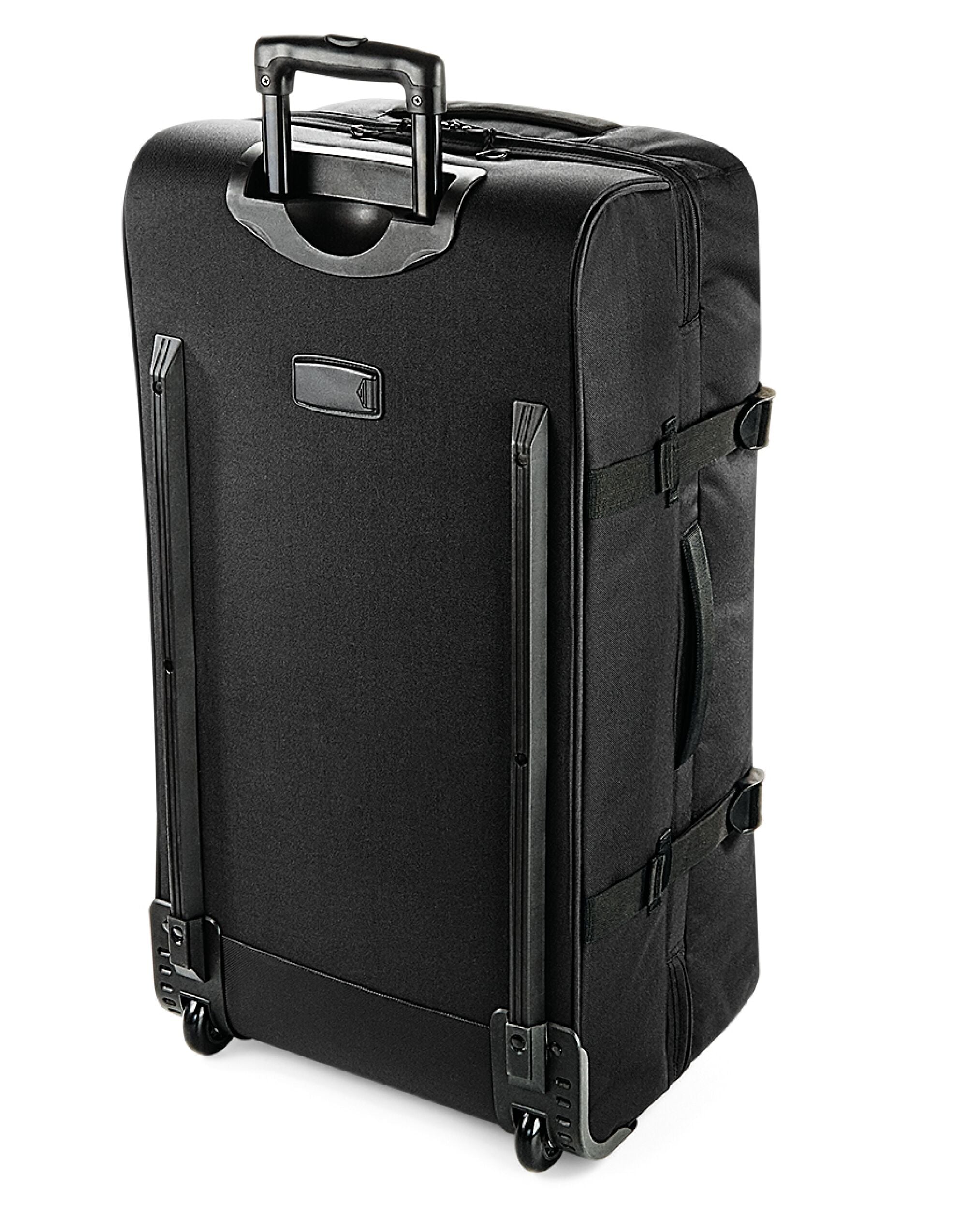 Side view of the black Bagbase Escape Check-In Wheelie, with its sturdy side grab handle and compression straps.