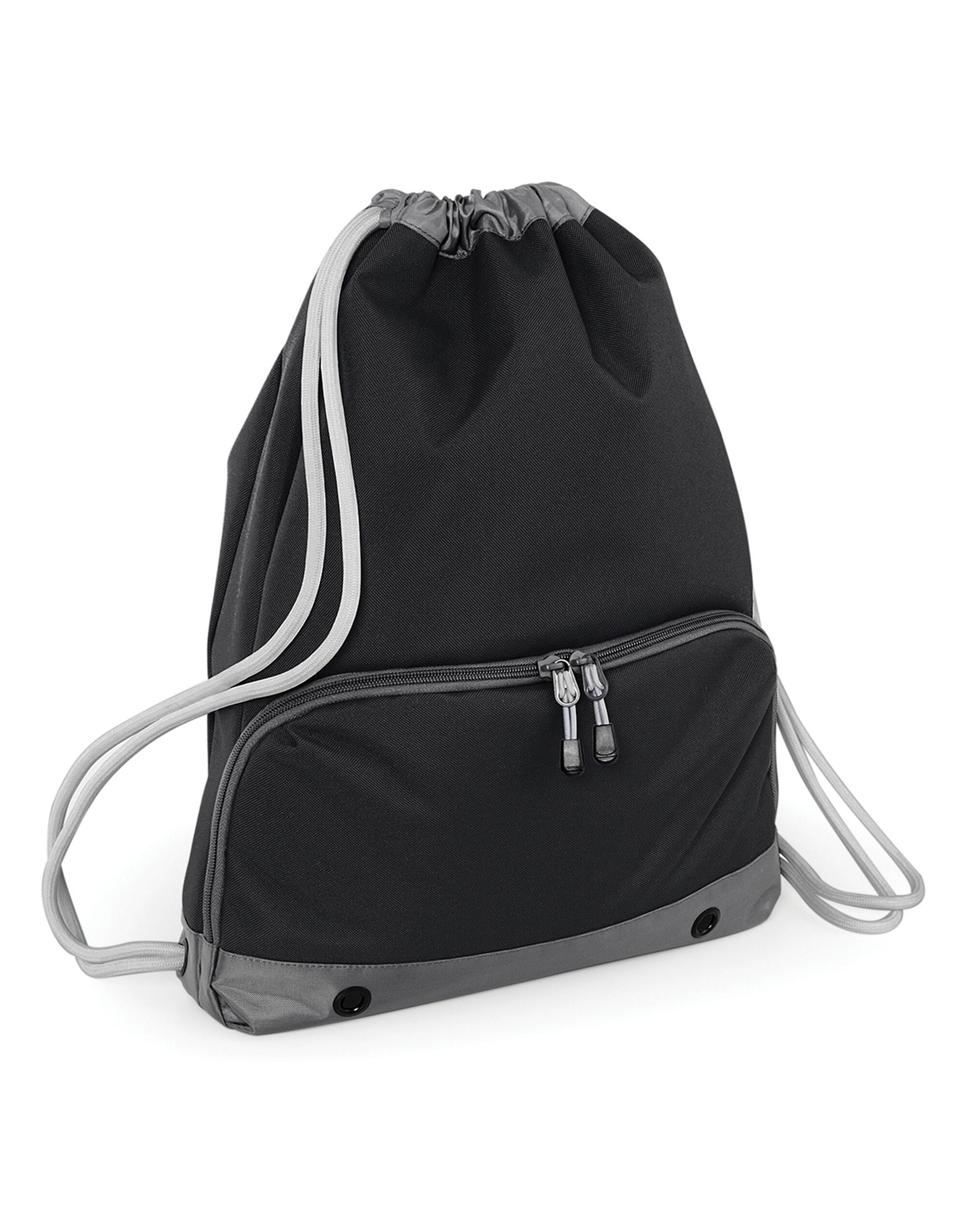 Angled view of the heather grey Bagbase Athleisure Gymsac, highlighting its premium look and drawstring cords.