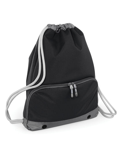 Angled view of the heather grey Bagbase Athleisure Gymsac, highlighting its premium look and drawstring cords.