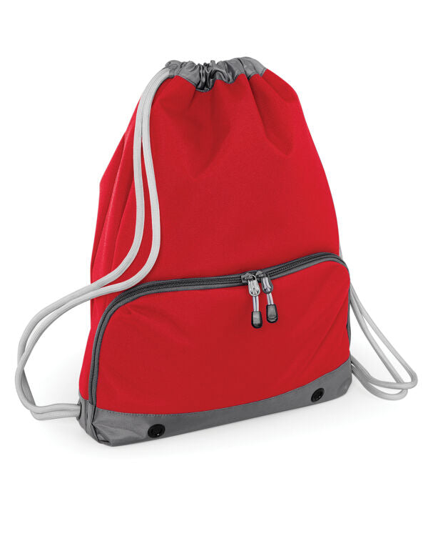 Front view of the black Bagbase Athleisure Gymsac, featuring a modern design with a front zippered pocket.
