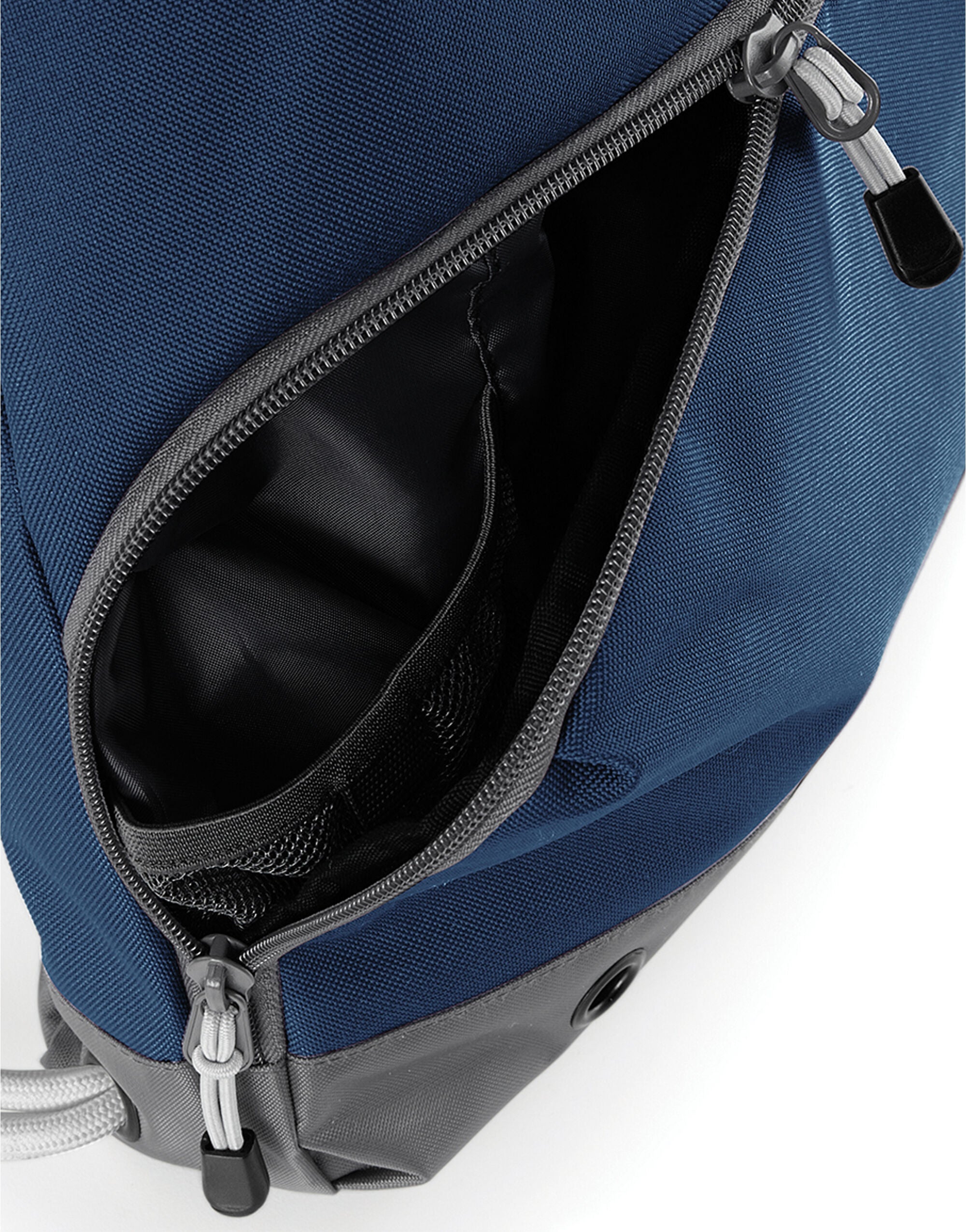The heather grey Bagbase Athleisure Gymsac with its front pocket slightly open to show its utility.