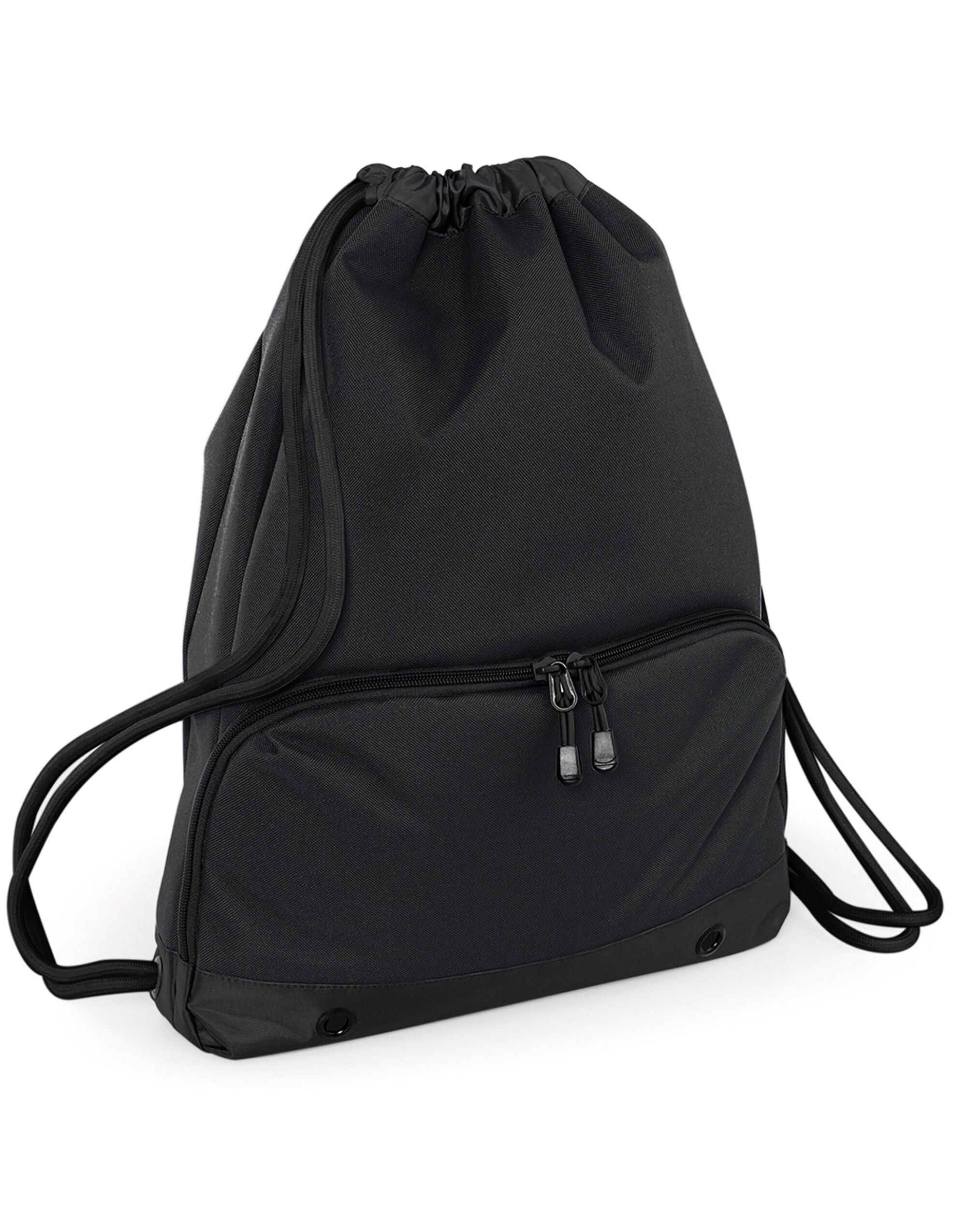 Three-quarter view of the black Bagbase Athleisure Gymsac, illustrating its sleek and sporty silhouette.