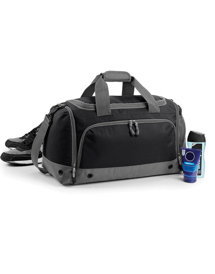 Front view of the Bagbase Athleisure Holdall in black, a large duffel bag with multiple pockets and carry options.