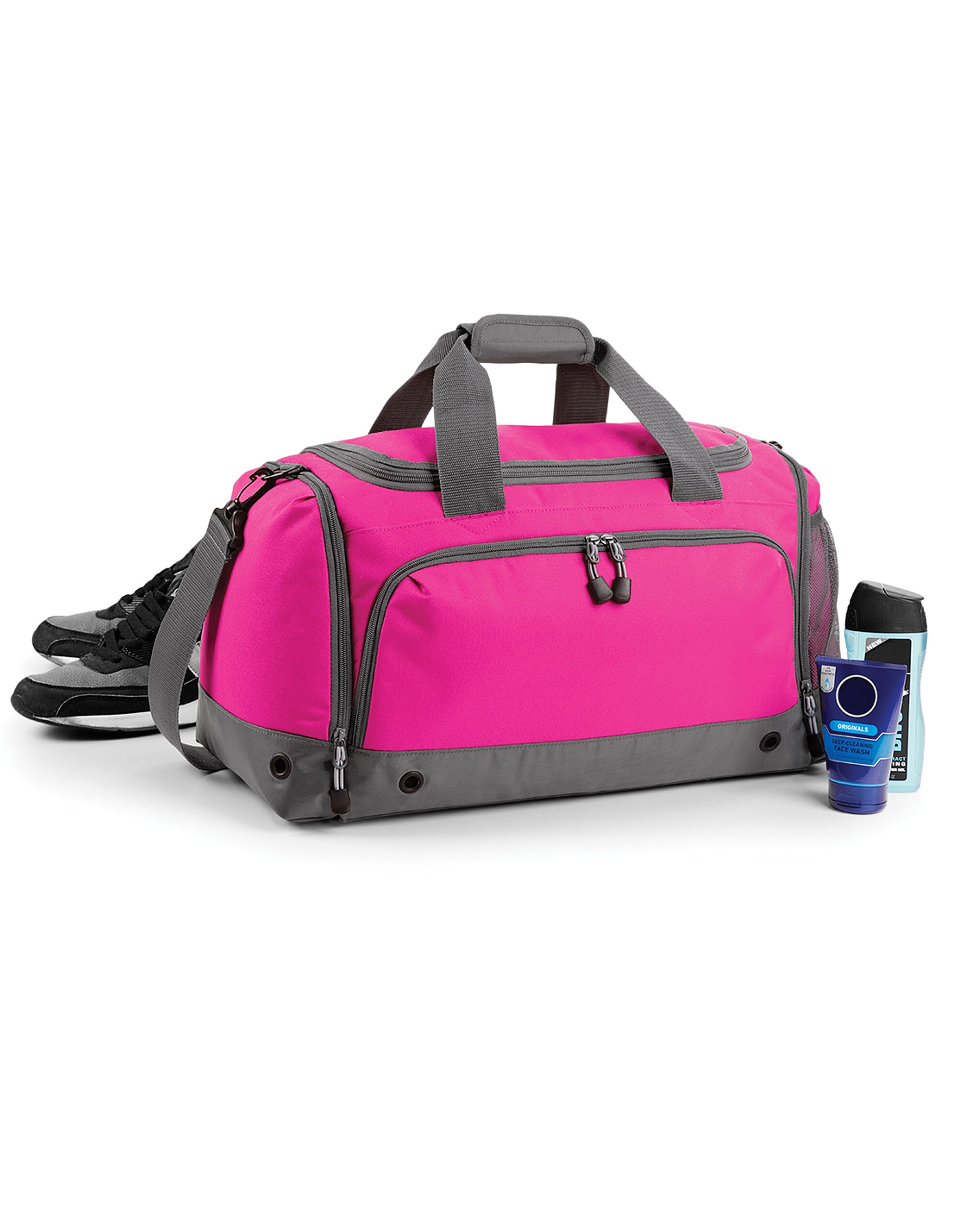 A clear, frontal image of the black Bagbase Athleisure Holdall, showcasing its symmetrical design.