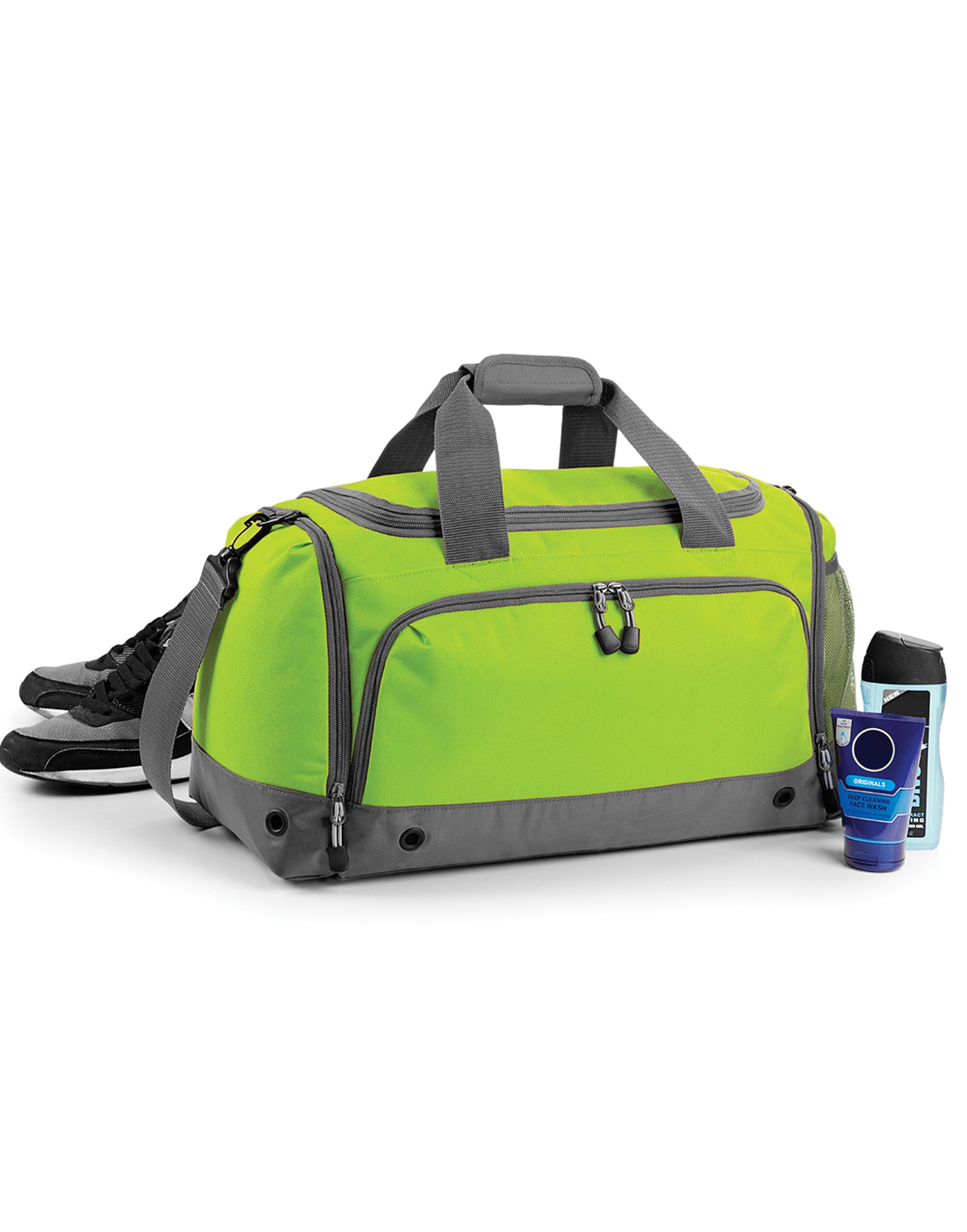 Black Bagbase Athleisure Holdall shown straight on, highlighting its balanced and practical design.
