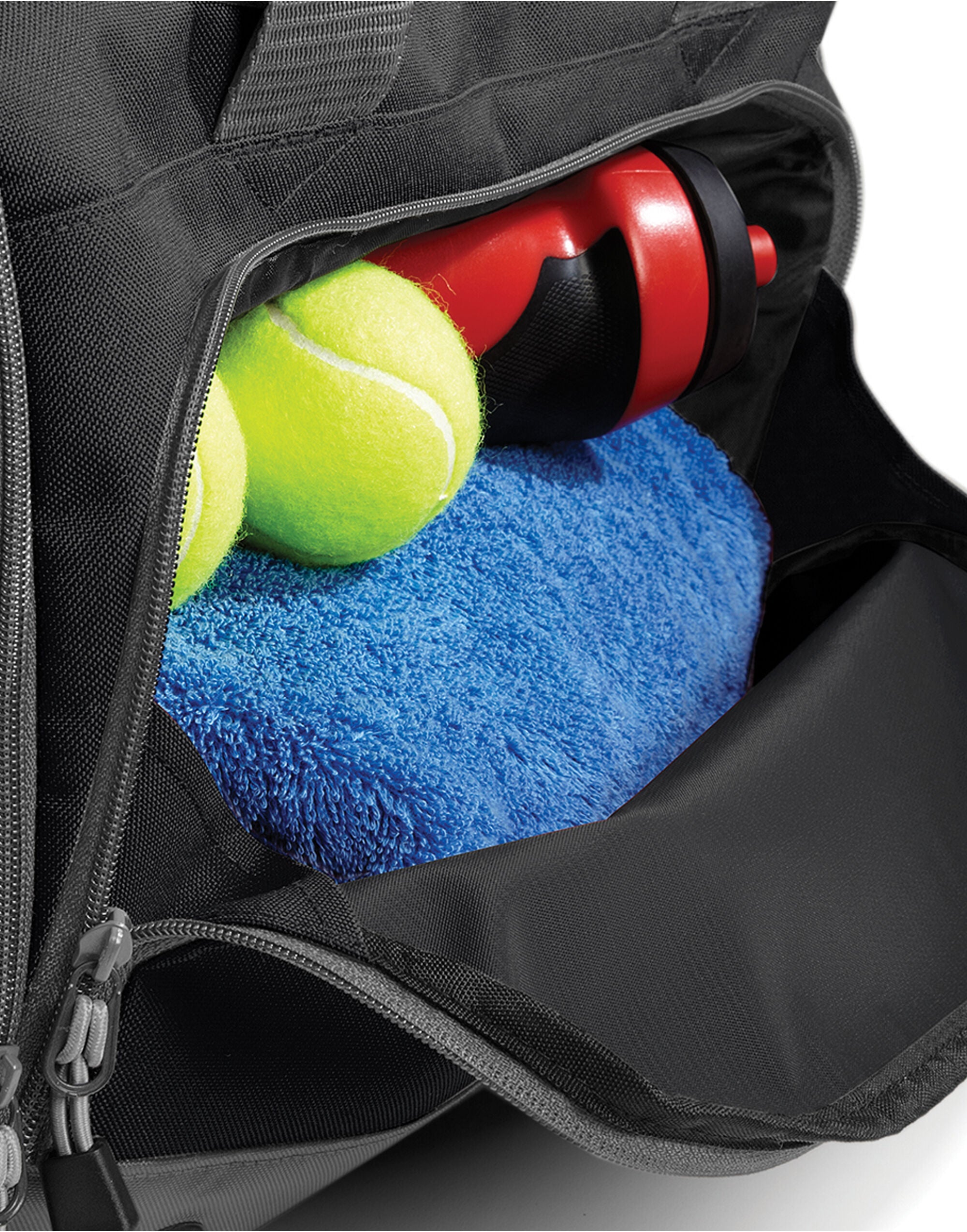 Side view of the black Bagbase Athleisure Holdall, highlighting the zippered end pocket, perfect for shoes.