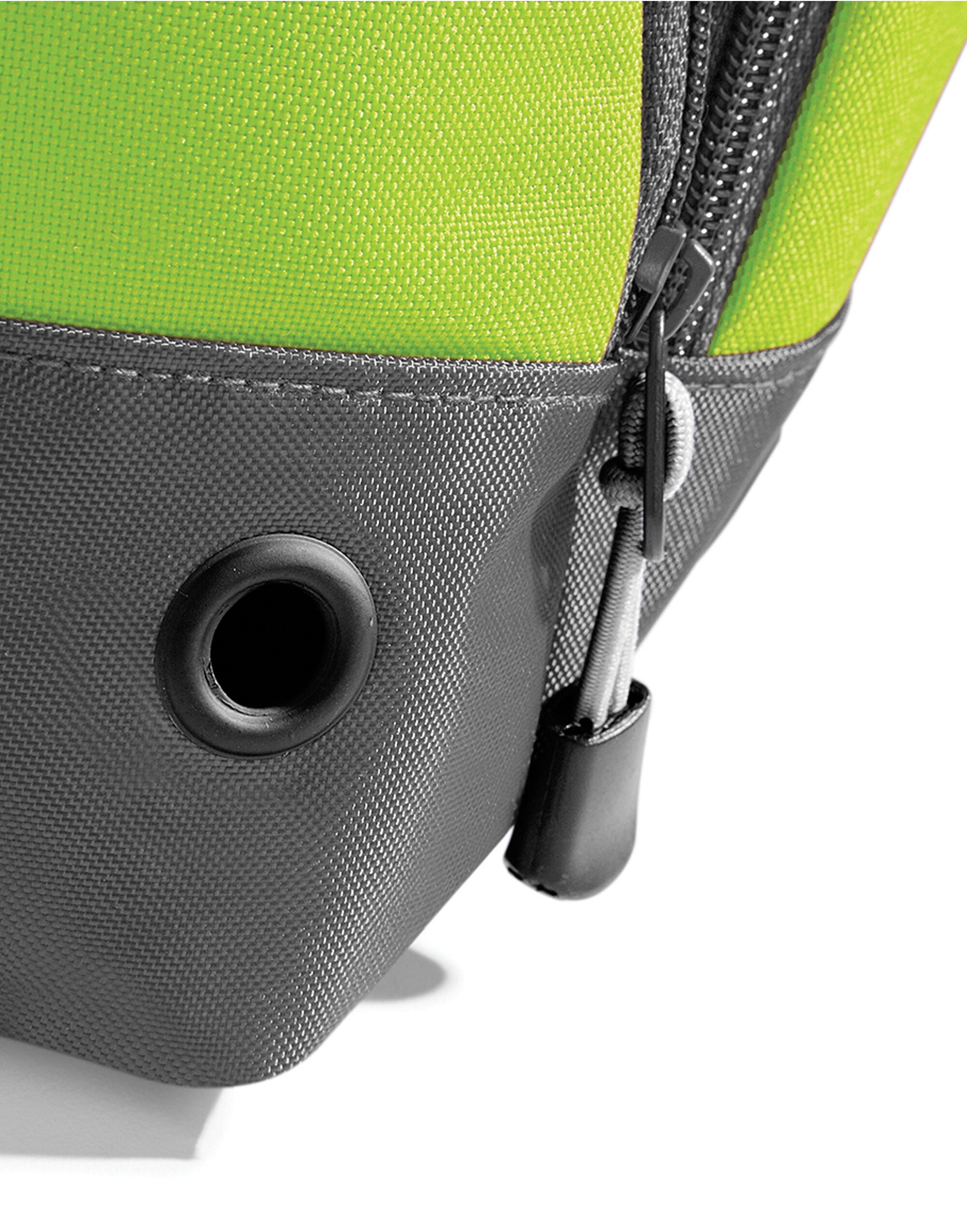 Close-up of the ventilated end pocket on the grey marl Bagbase Athleisure Holdall.