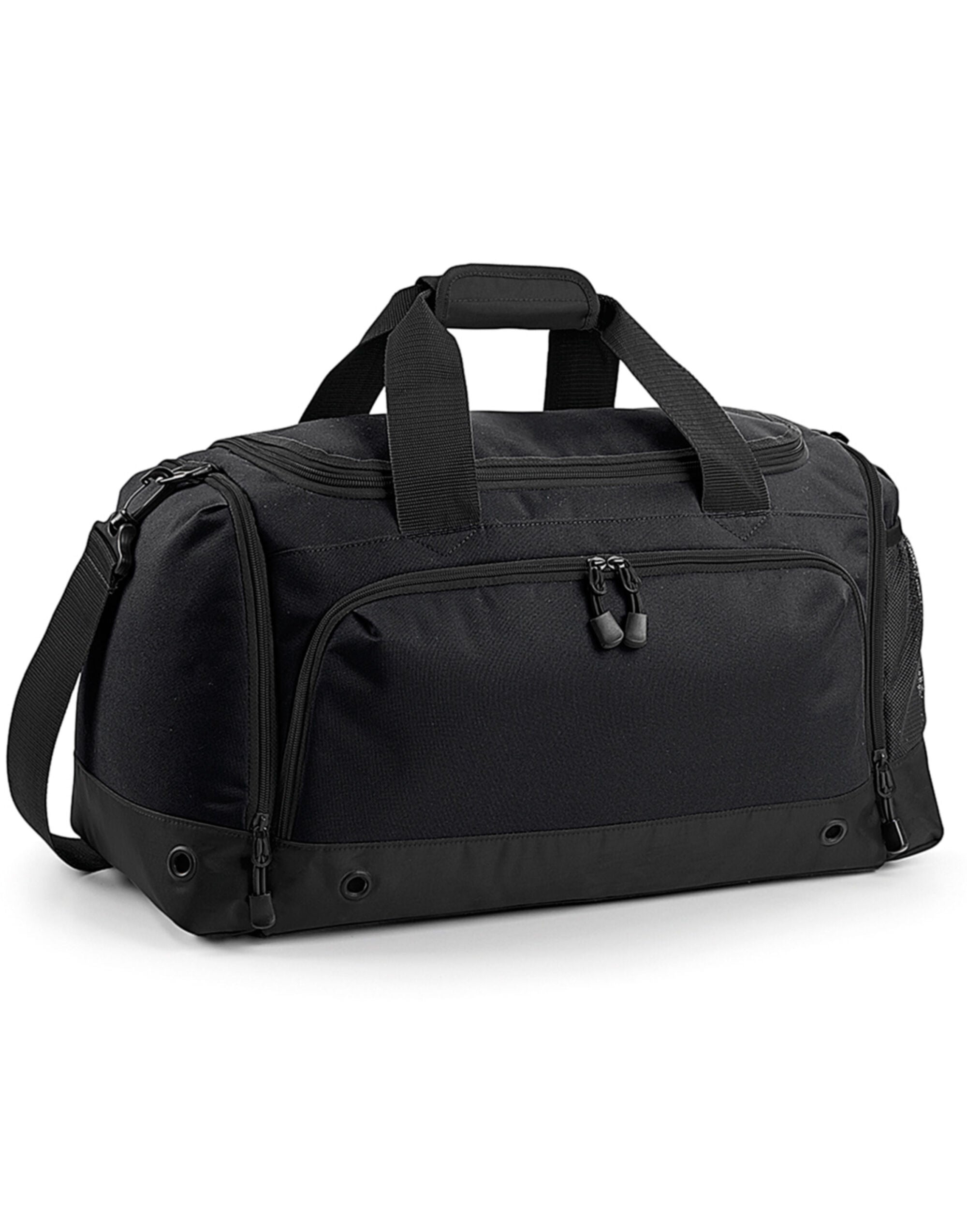 A person carrying the black Bagbase Athleisure Holdall by the shoulder strap to demonstrate its size.