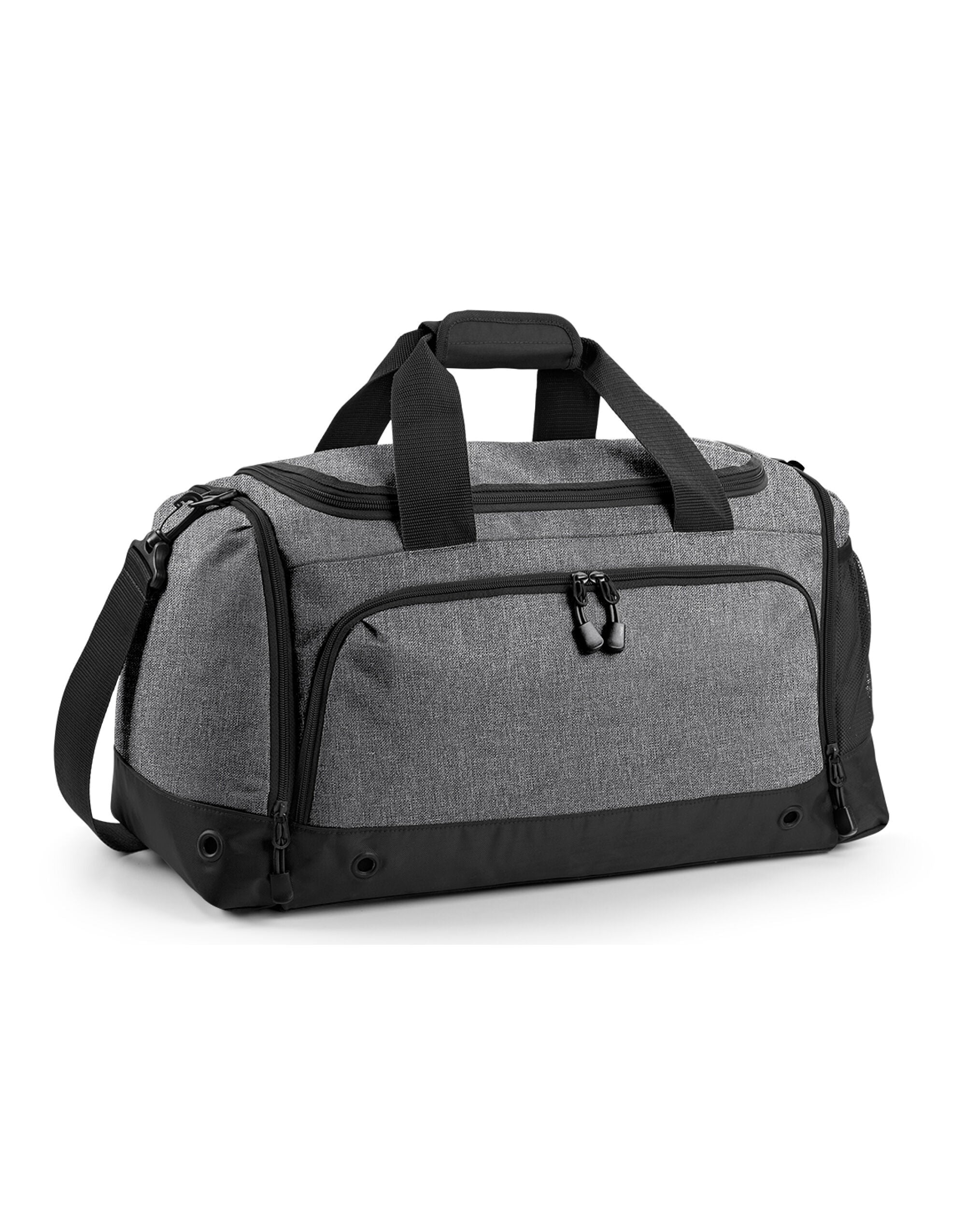 A high-quality studio shot of the black Bagbase Athleisure Holdall from a three-quarter perspective.