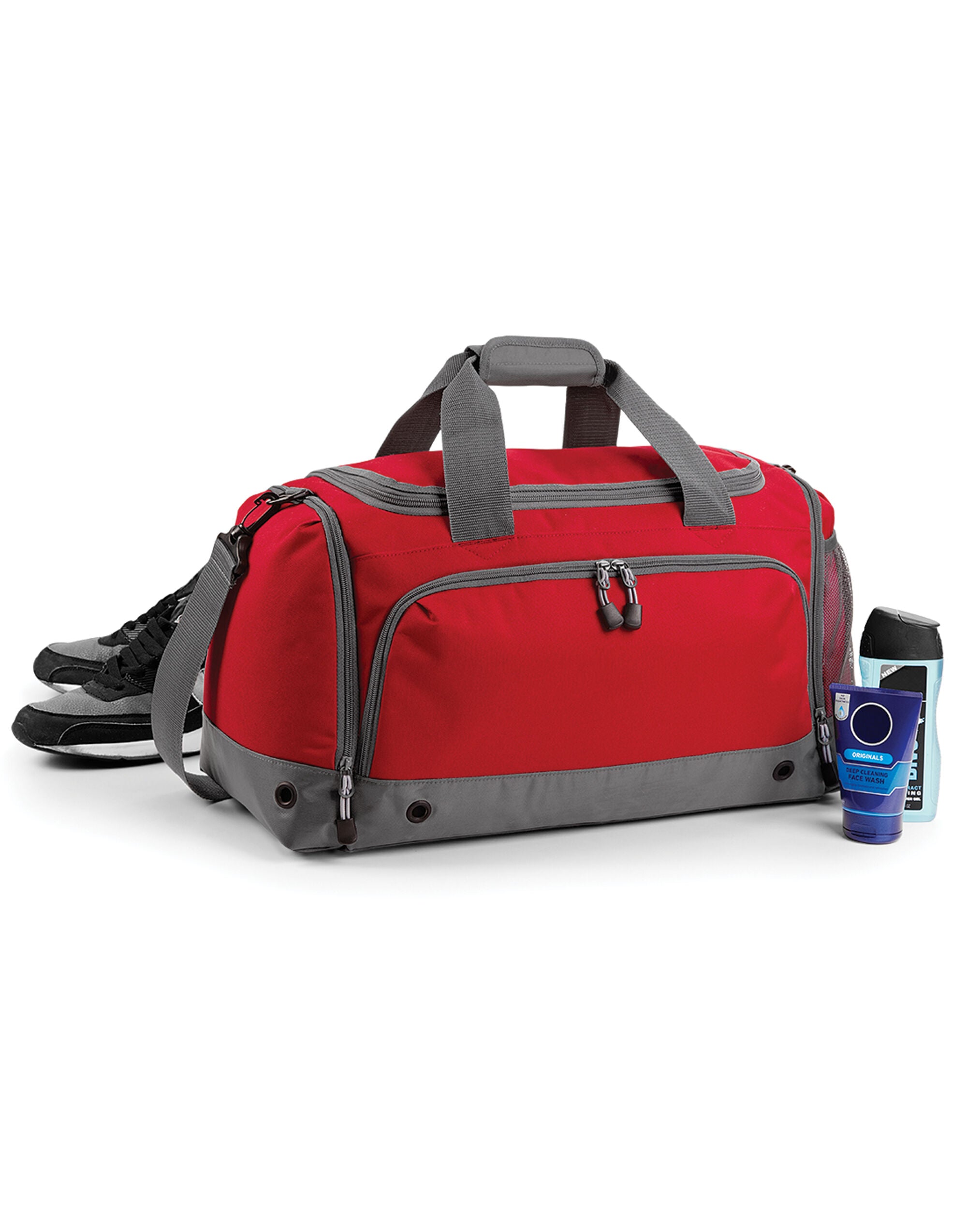Three-quarter view of the heather grey Bagbase Athleisure Holdall, highlighting its premium construction.