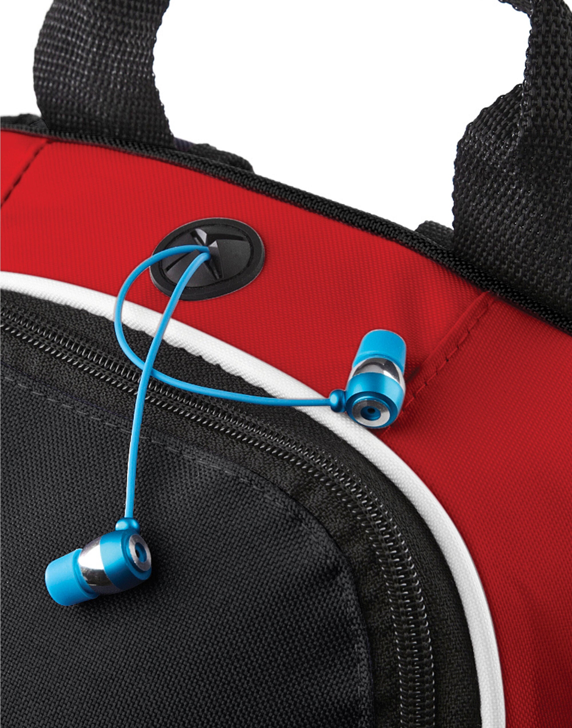 The bright red Bagbase Teamwear Backpack, showcasing its durable polyester fabric and dual zippers.