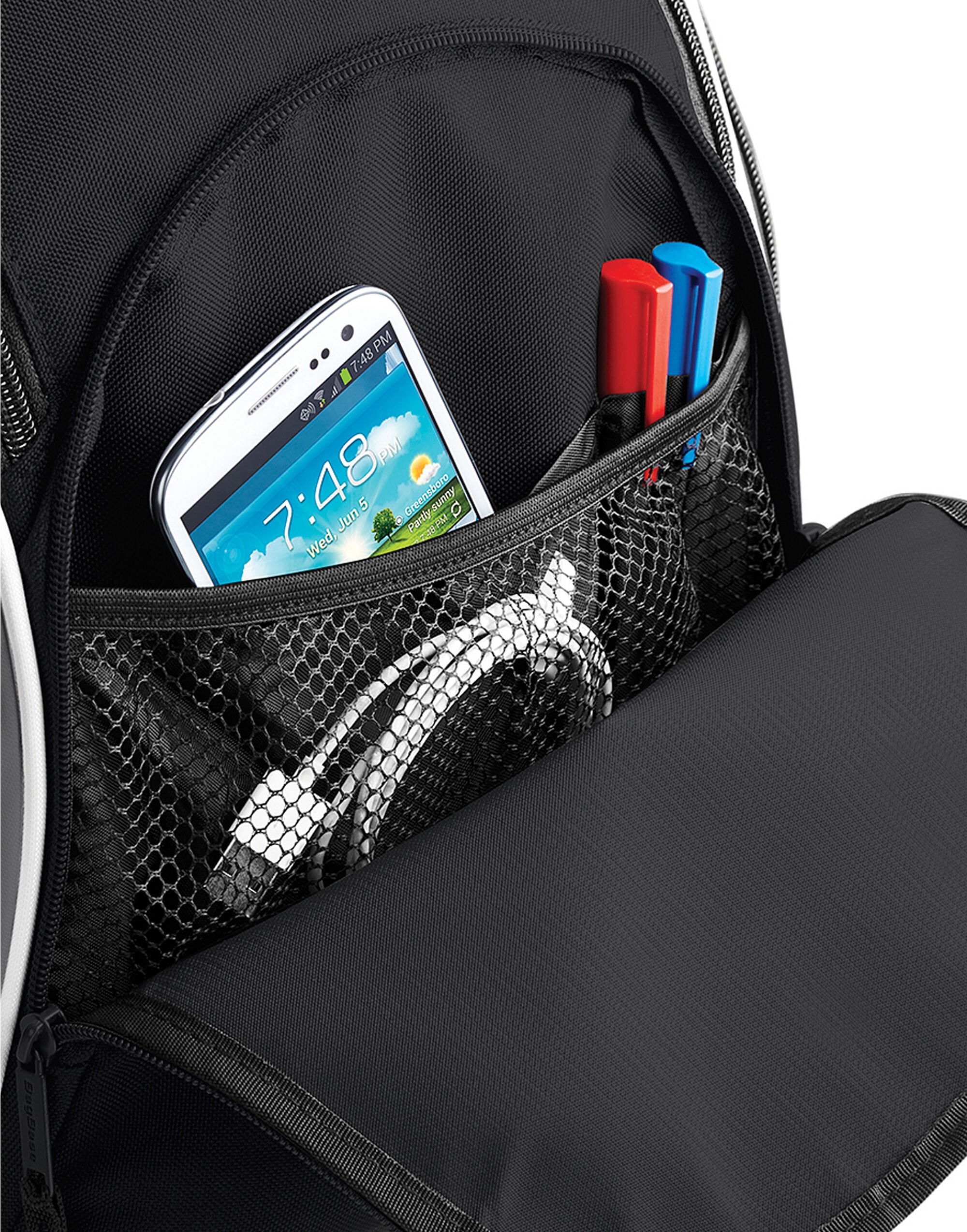 The Bagbase Teamwear Backpack in a stylish burgundy color, viewed from the front.