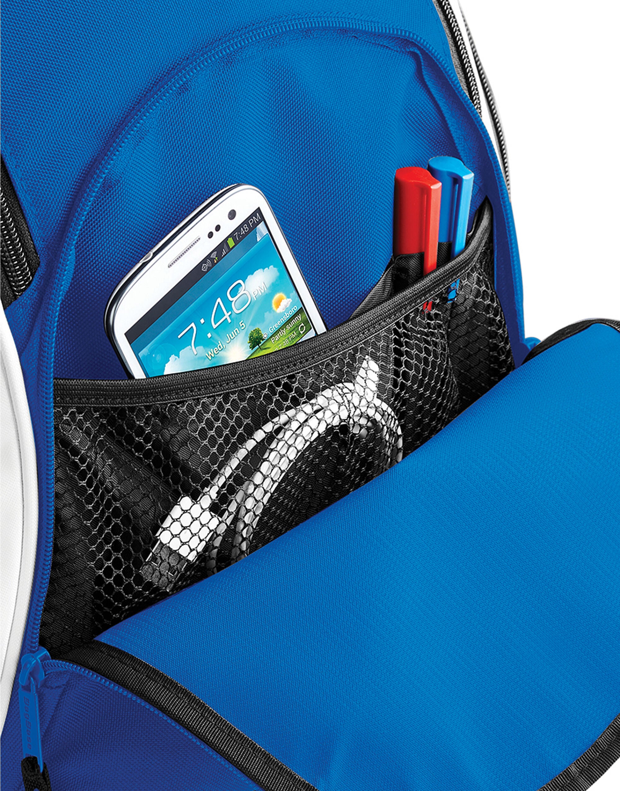 The black Bagbase Teamwear Backpack with its main compartment partially open to show the interior.