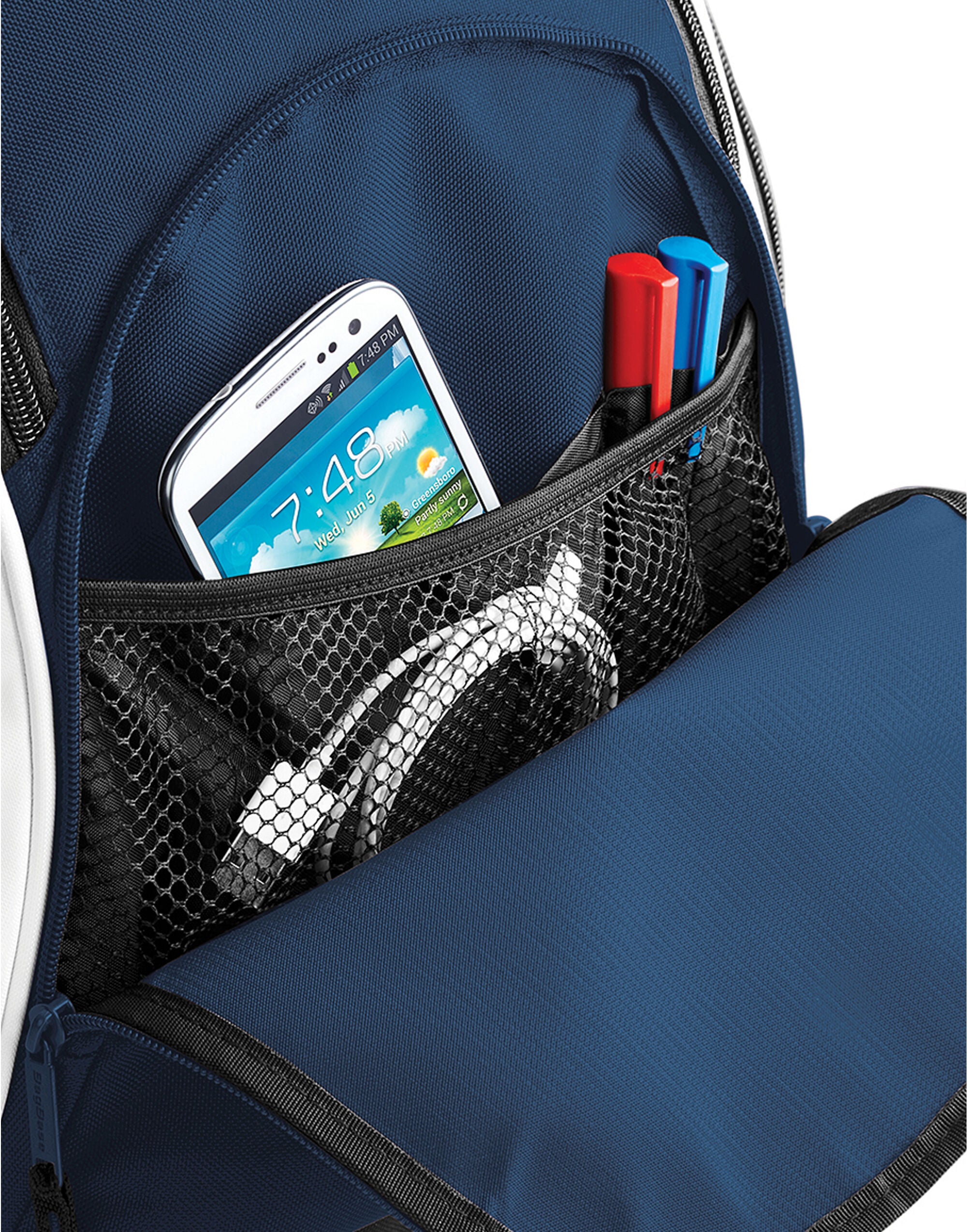 Angled view of the bottle green Bagbase Teamwear Backpack, a classic and popular color.