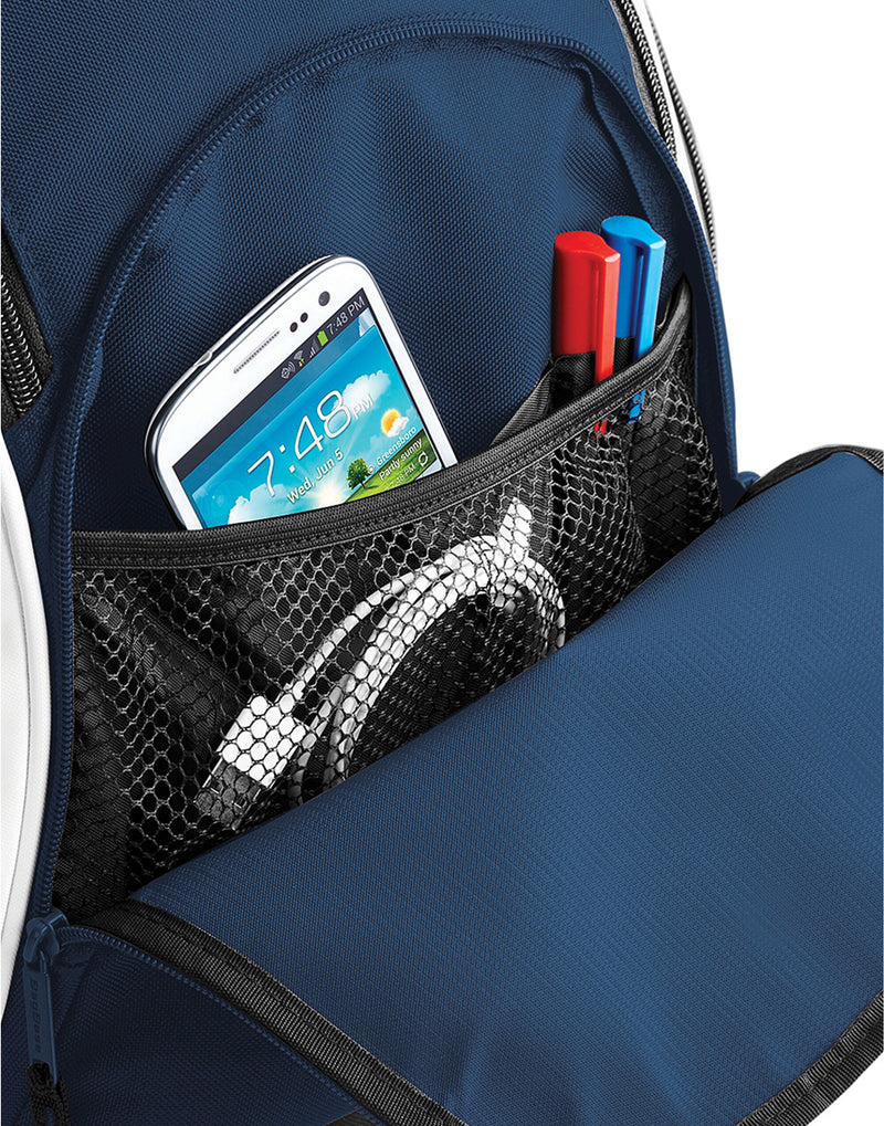 Angled view of the bottle green Bagbase Teamwear Backpack, a classic and popular color.
