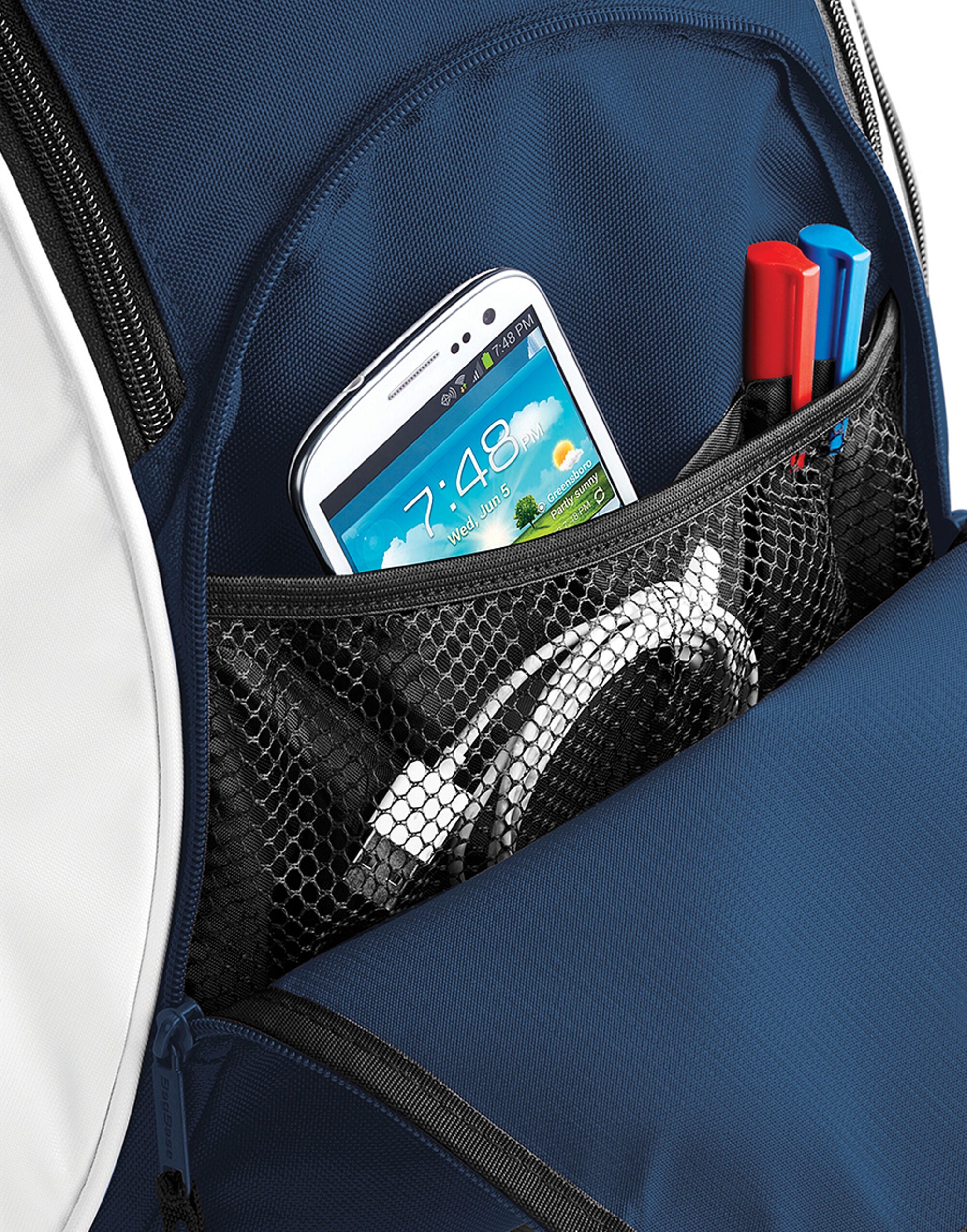 Angled back view of the graphite grey Bagbase Teamwear Backpack, showing the adjustable straps.